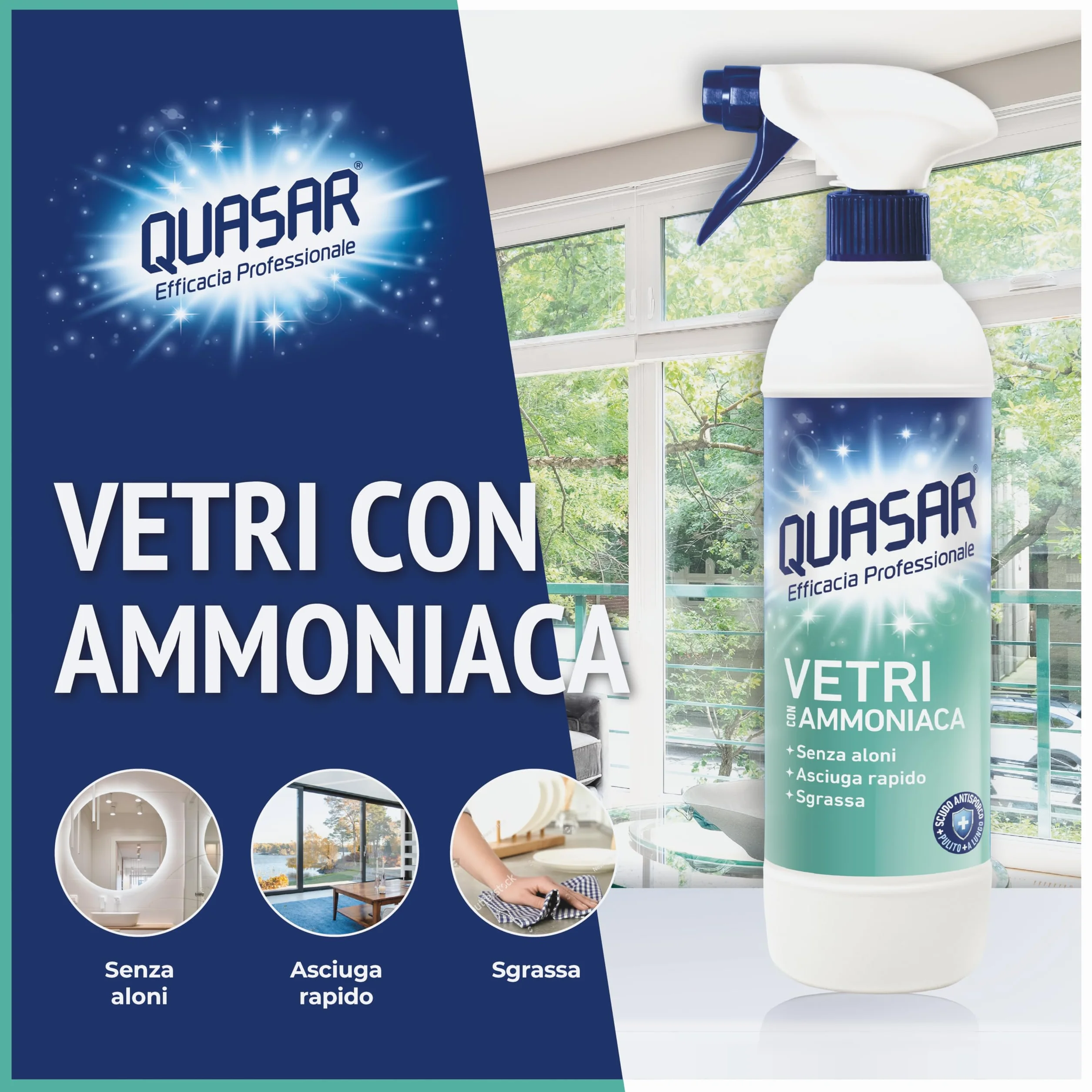 Quasar Vetri con Ammoniaca Senza Aloni Asciuga Rapido Sgrassa 680 ml