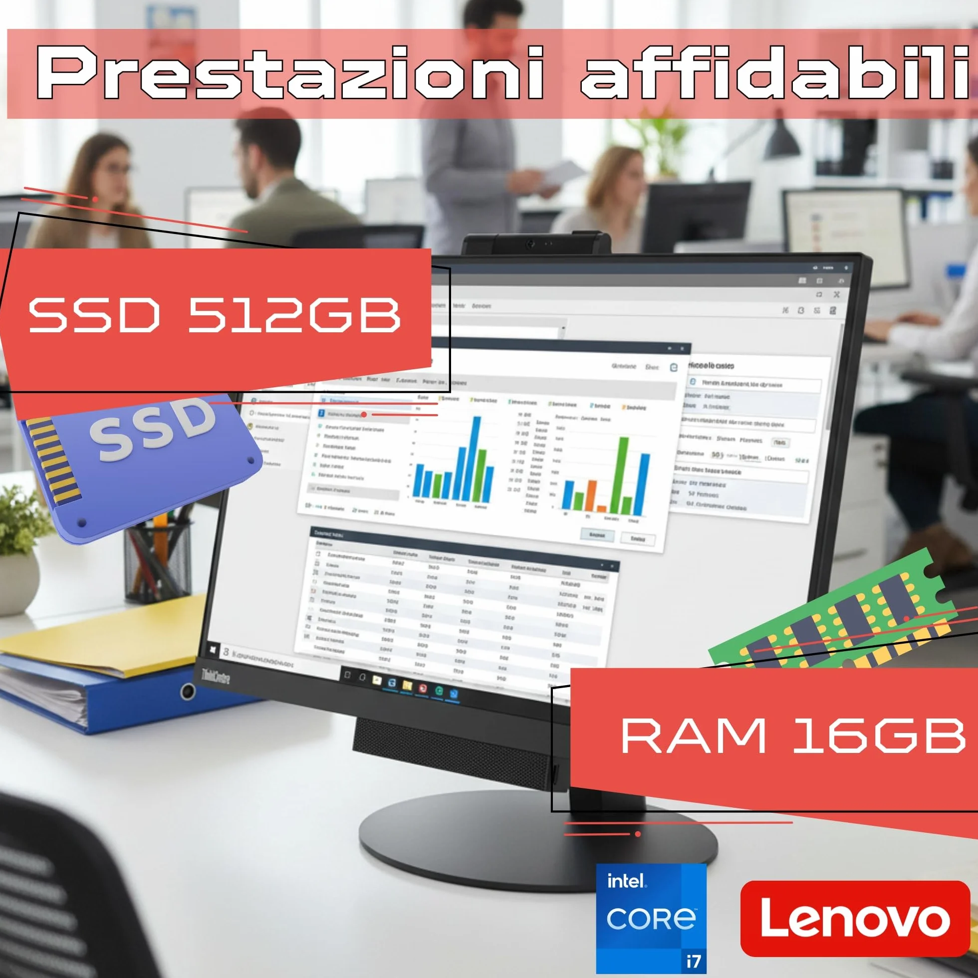 Lenovo ThinkCentre TIO24 24" Full HD Intel Core i7 3.60 GHz 16 GB 512 GB SSD Webcam Win 11 Pro Ricondizionato