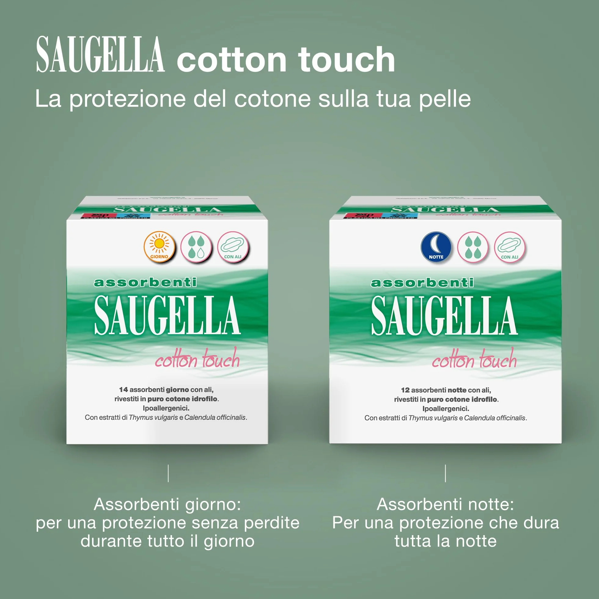 Saugella Assorbenti Cotton Touch Notte 48 sztuk z Ali, Antybakteryjne, Antyodorowe, Łagodzące