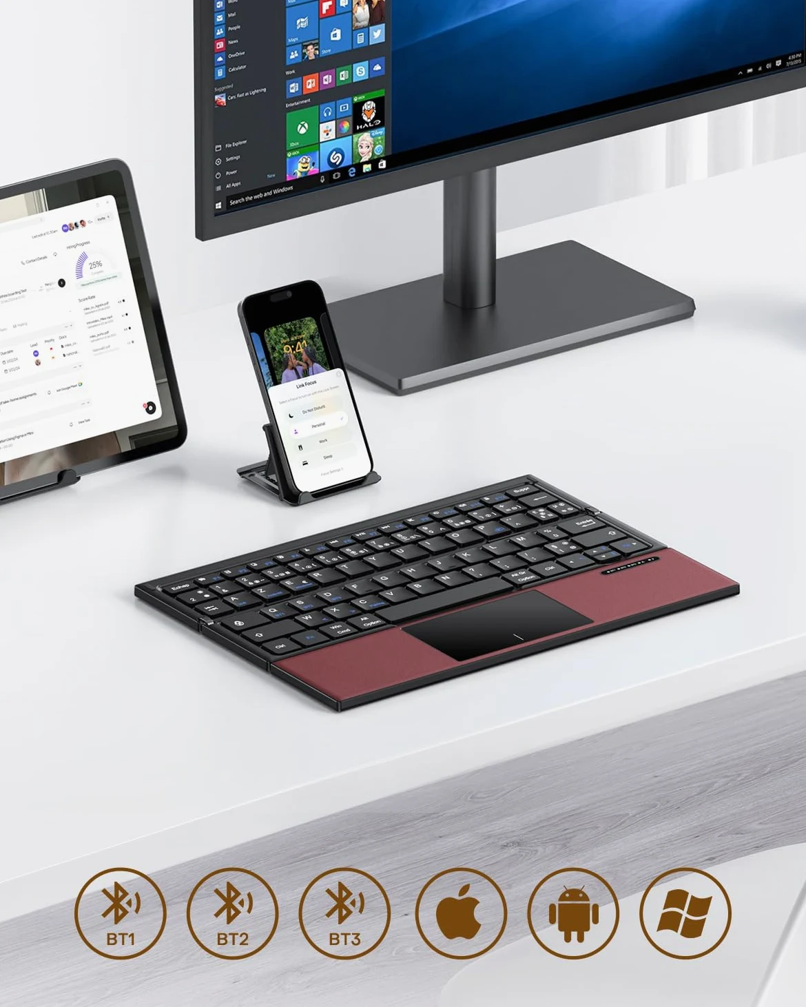 OMOTON Tastiera pieghevole AZERTY Bluetooth con touchpad, Bordeaux | Multidispositivo, portatile, mini tastiera senza fili silenziosa, compatibile con Android Windows iOS Telefono Tablet iPad