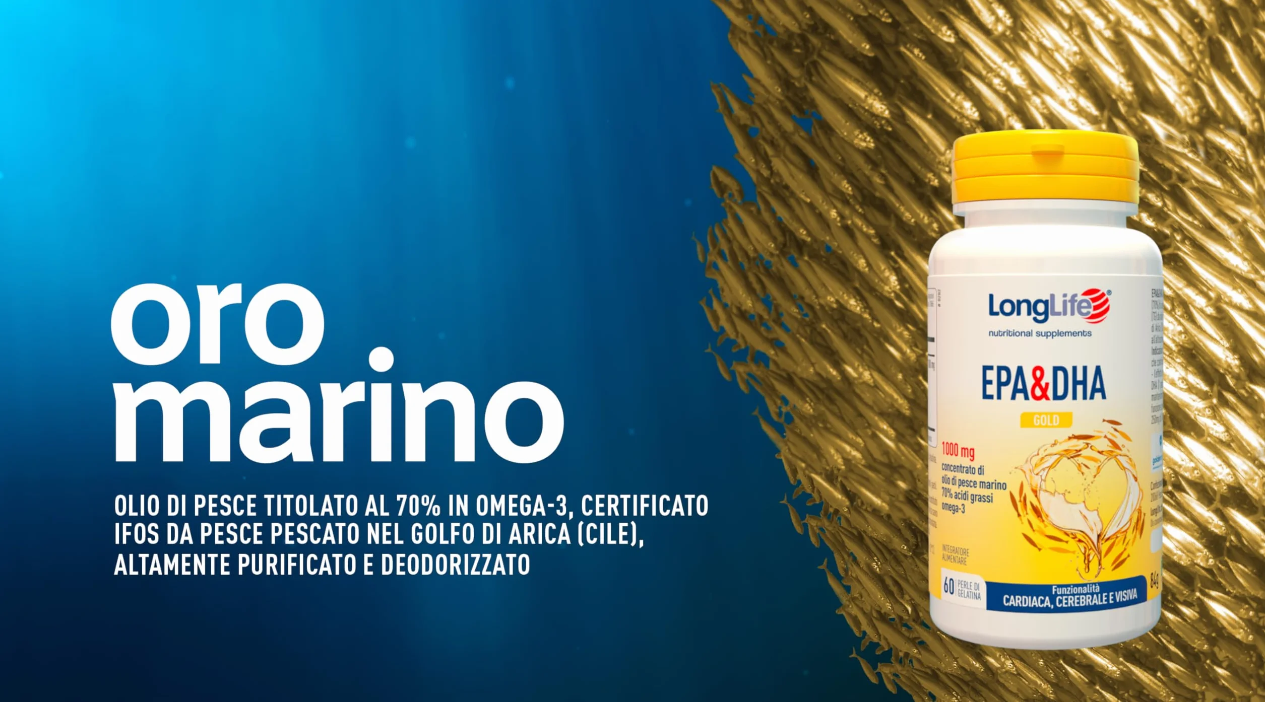 LongLife EPA&DHA Gold Olio di pesce marino Omega-3 70% IFOS Funzione cardiovascolare cerebrale visiva