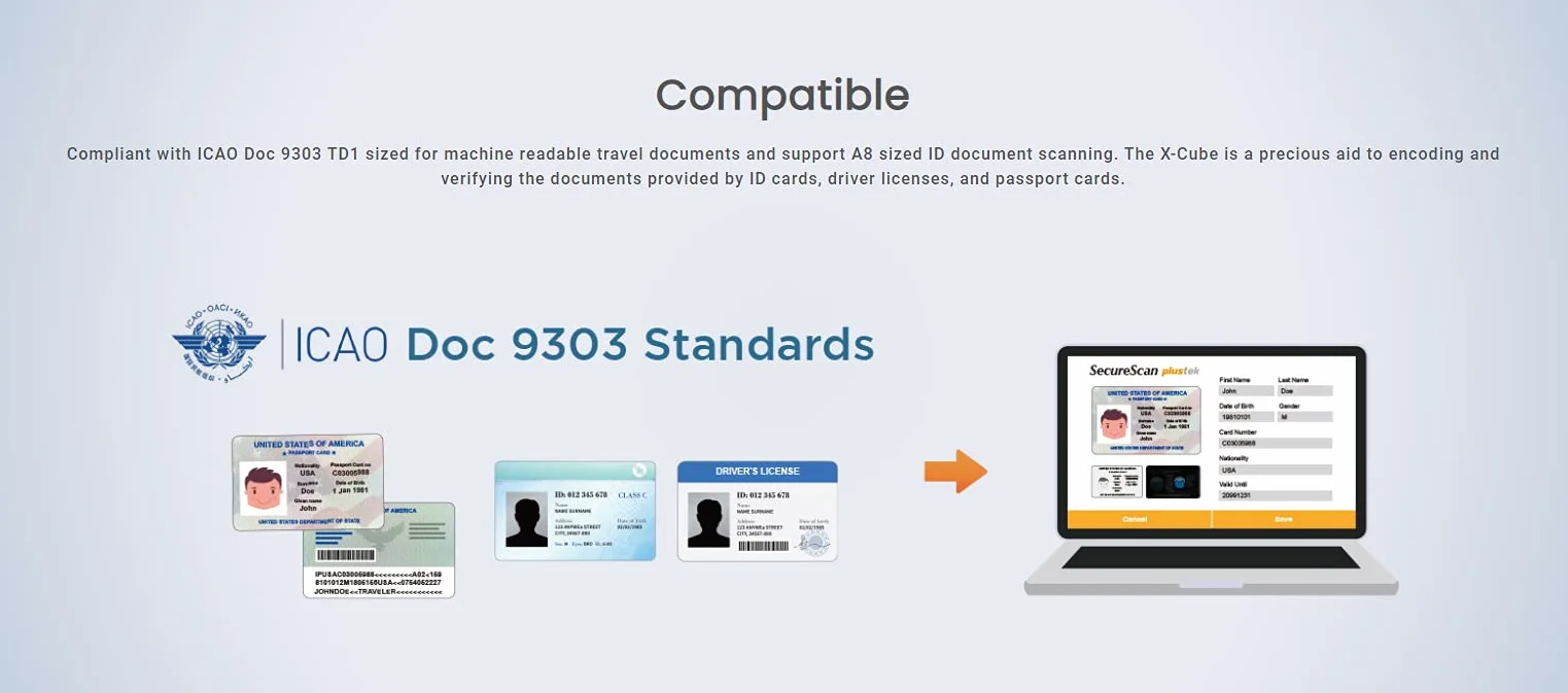Plustek X-Cube Scanner per scheda di identità ICAO Doc 9303 MRTDs con software gestione SDK