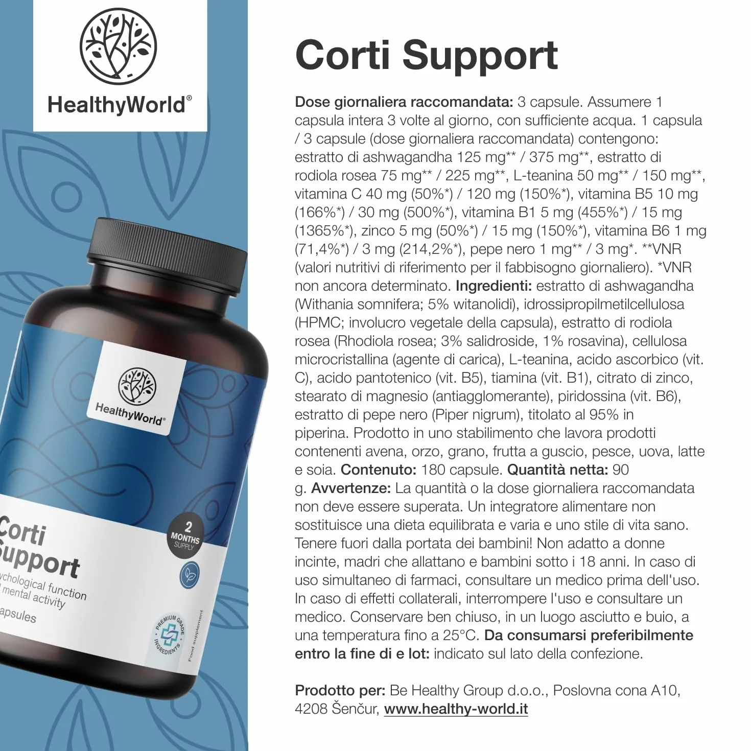 HealthyWorld Corti Support 180 capsule Ashwagandha Rodiola Rosea L-teanina Zinco Pepe nero Vitamina C1 B1 B5 B6 Equilibrio ormonale Formula vegetariana