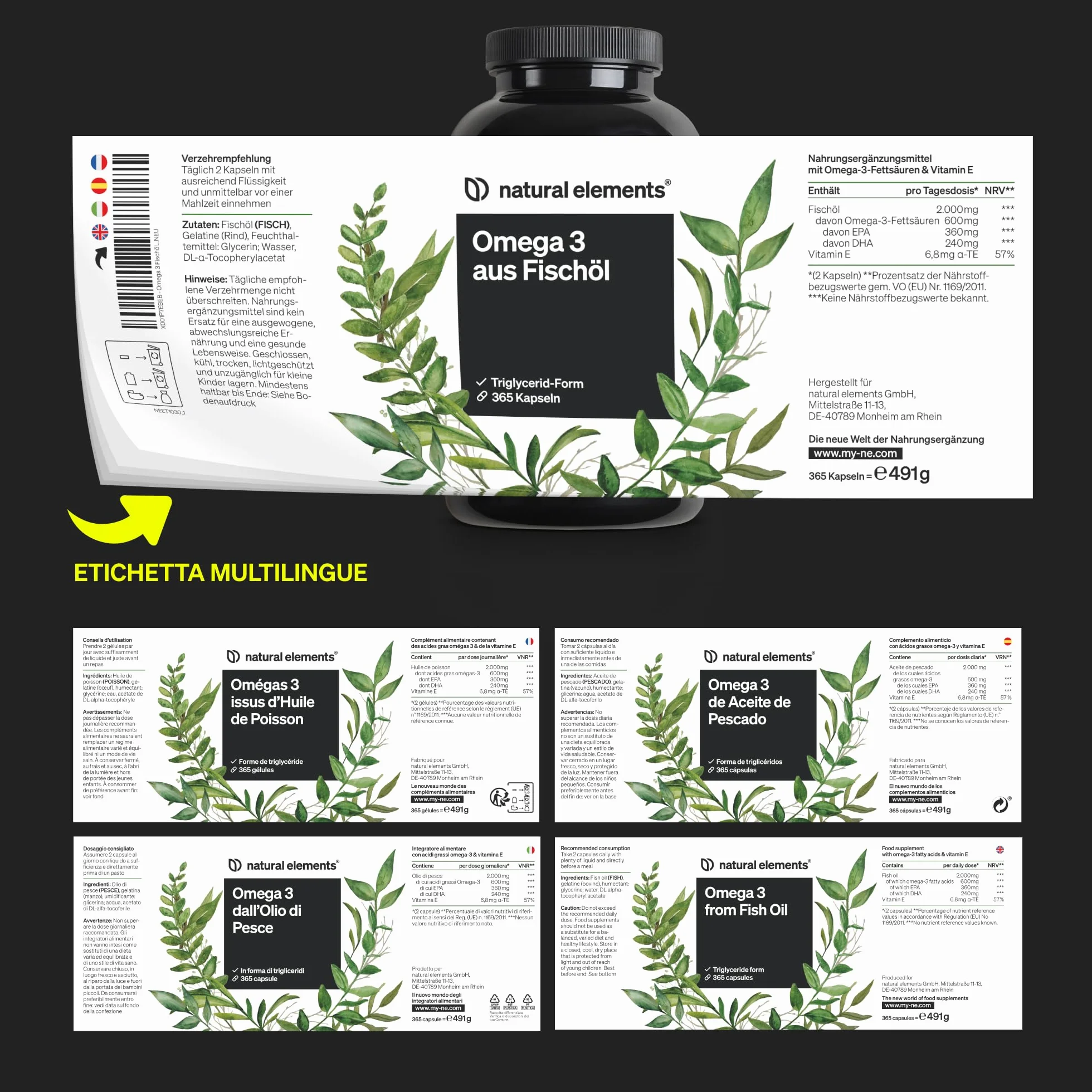 Omega 3 Olio di Pesce 2000mg 365 softgels EPA 360mg DHA 240mg alto dosaggio Germania
