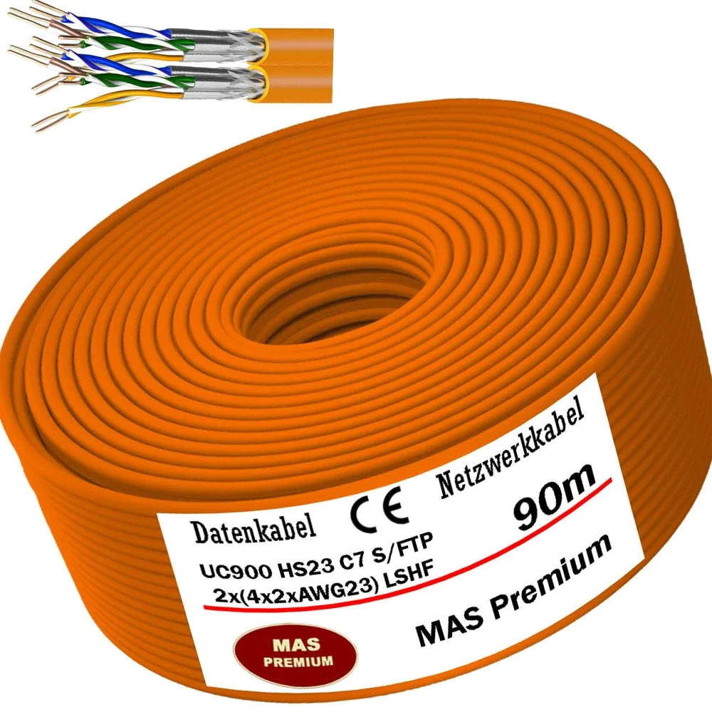 MAS Premium Cavo dati CAT7 da 10 m a 100 m, cavo di rete duplex AWG23 8P UC900 SS23 1000 MHz senza alogeni, cavo di comunicazione (90 m)