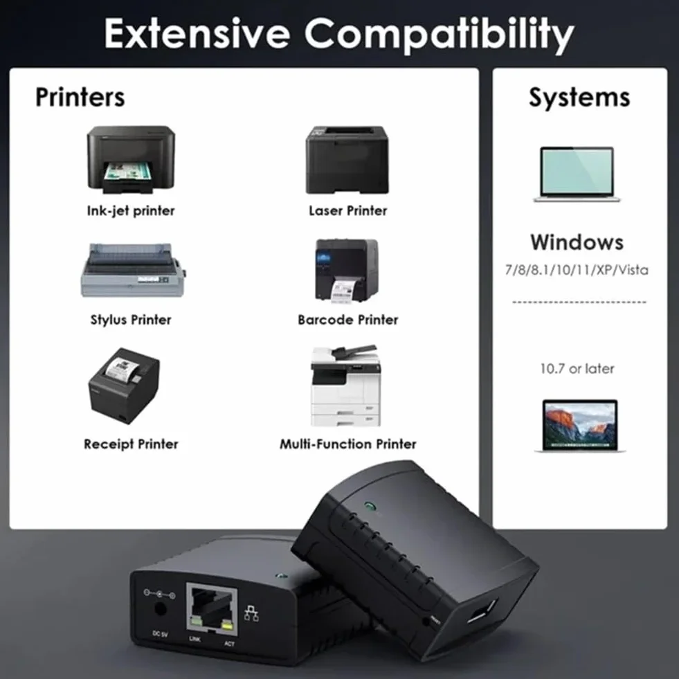 Joselin Server di Stampa USB 2.0 LRP Condividi Una Rete LAN Ethernet Stampanti Adattatore di Alimentazione HUB USB Server di Stampa 100 Mbps Spina UE