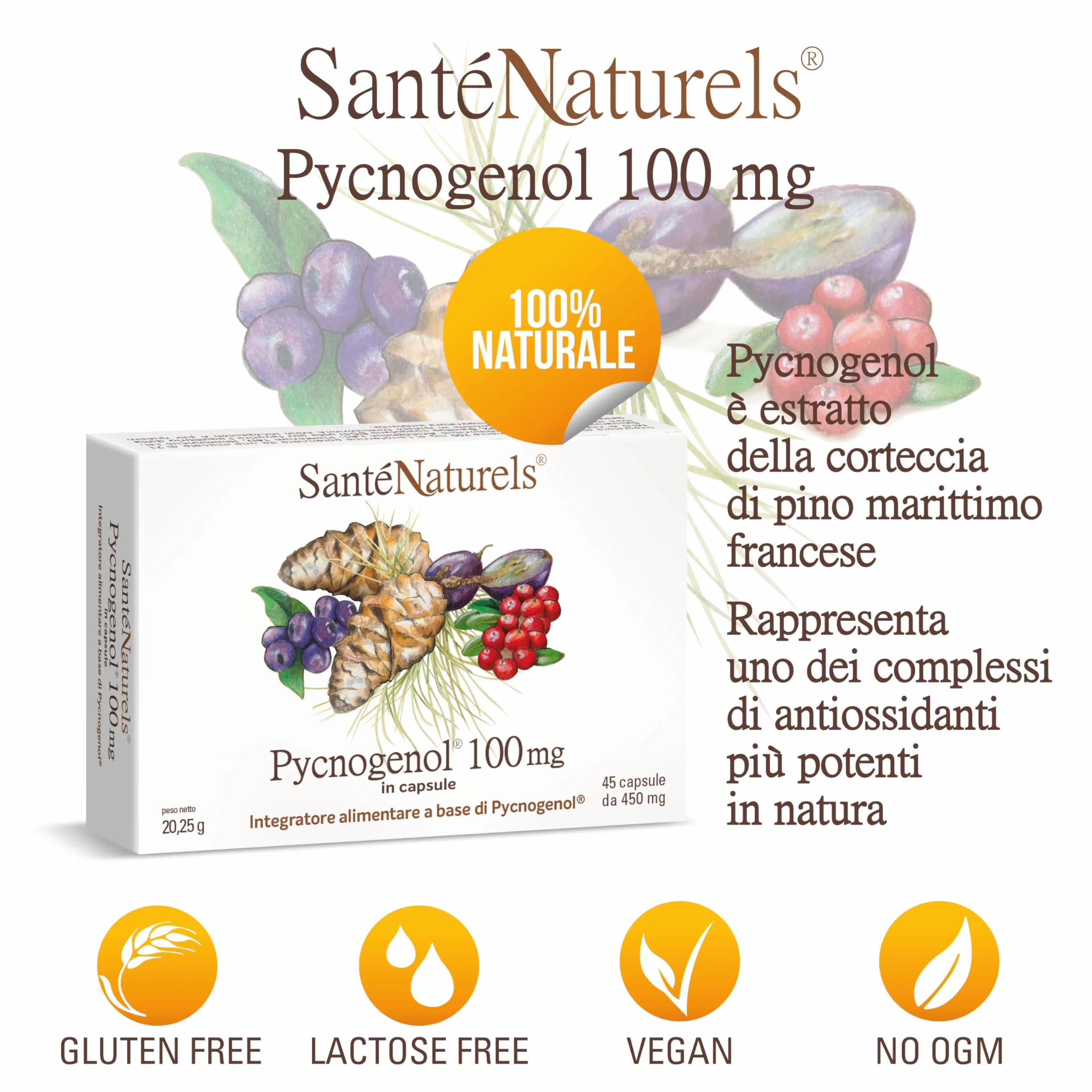 Pycnogenol 45 Capsule Vegetali Integratore con Zafferano, Mirtillo Rosso e Mirtillo Nero Brevettato Horphag