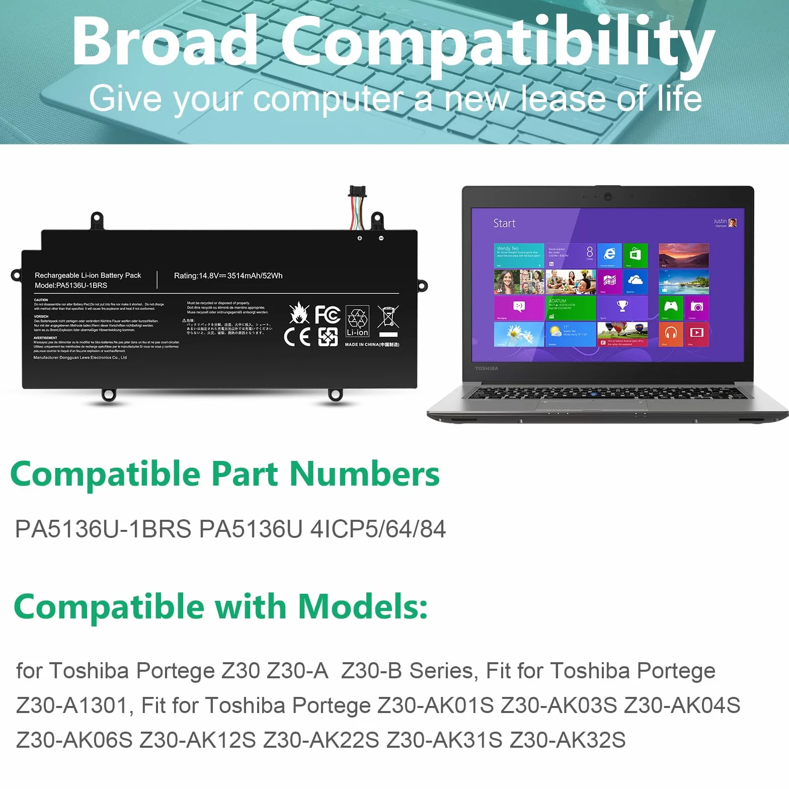 ASUNCELL 14.8V/52Wh PA5136U-1BRS Batteria del computer portatile per Toshiba Portege Z30 Z30-A Z30-B Series Z30-A1301 Z30-AK01S Z30-AK03S Z30-AK04S Z30-AK06S Z30-AK12S Z30-AK22S Z30-AK31S Z30-AK32S