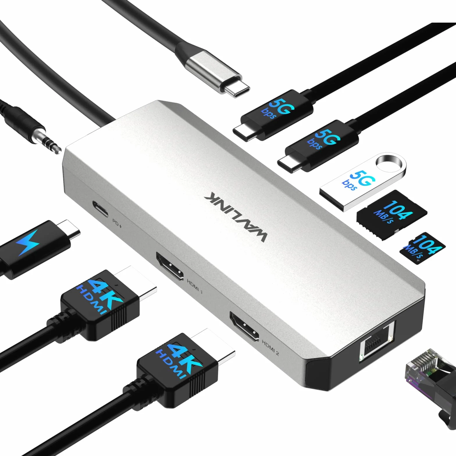 Docking station USB C WAVLINK 10 in 1 per laptop, doppio HDMI 4K@60Hz, USB A/C 3.0, lettore SD/TF, ingresso PD da 100W, Ethernet Gigabit, porta audio, compatibile con Dell, HP e Lenovo