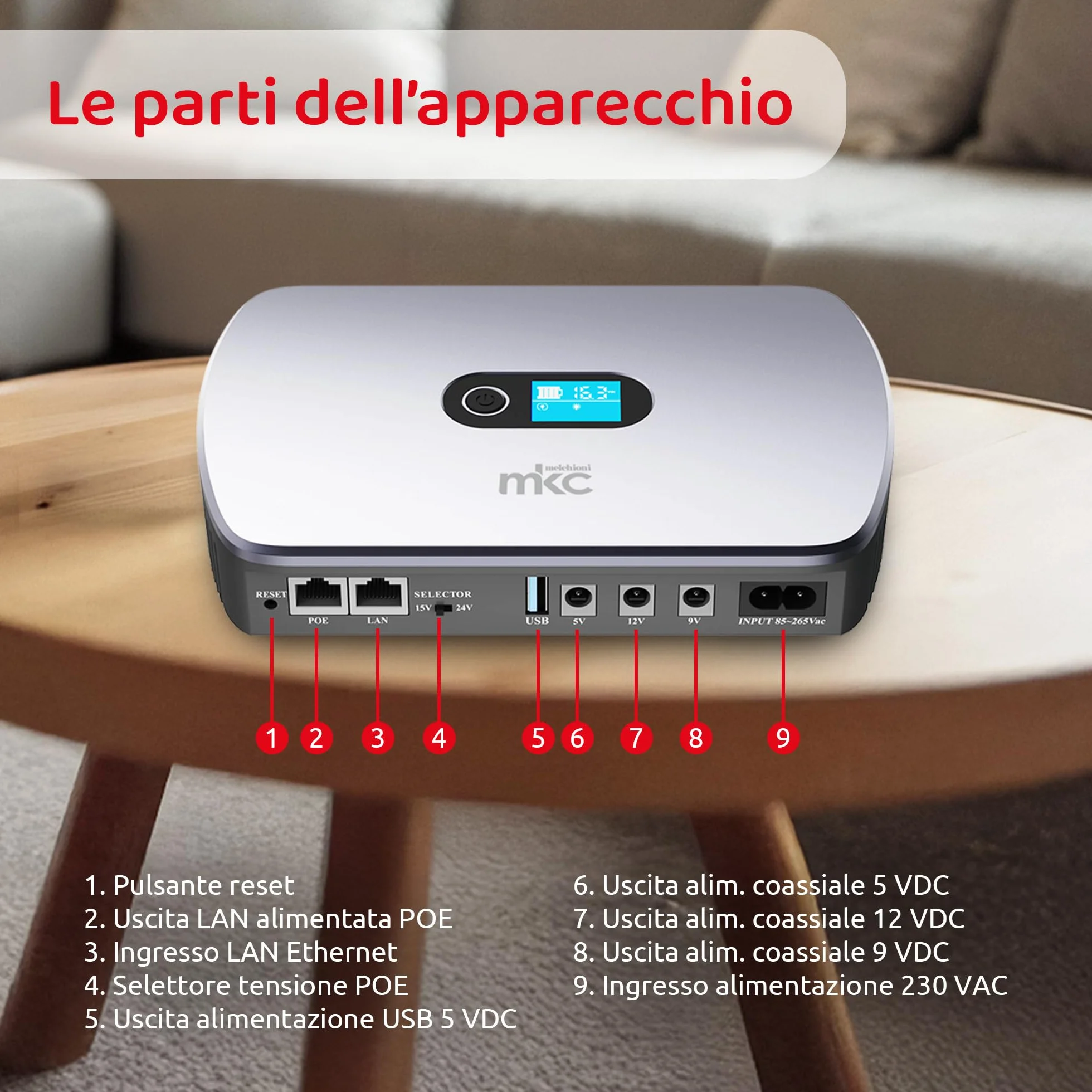 Melchioni Mini UPS MK-8800 con display LCD e uscite multiple per router e smart, 8800mAh (32Wh) Gruppo di Continuità 12V/2A con USB 5V/3,6A e PoE