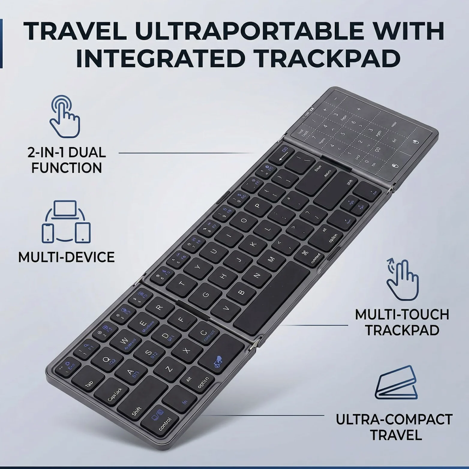 VBESTLIFE Tastiera Pieghevole, Tastiera Portatile Wireless Bluetooth 5.3 con Trackpad Multitouch e Tastierino Numerico, per Smartphone Tablet Laptop PC