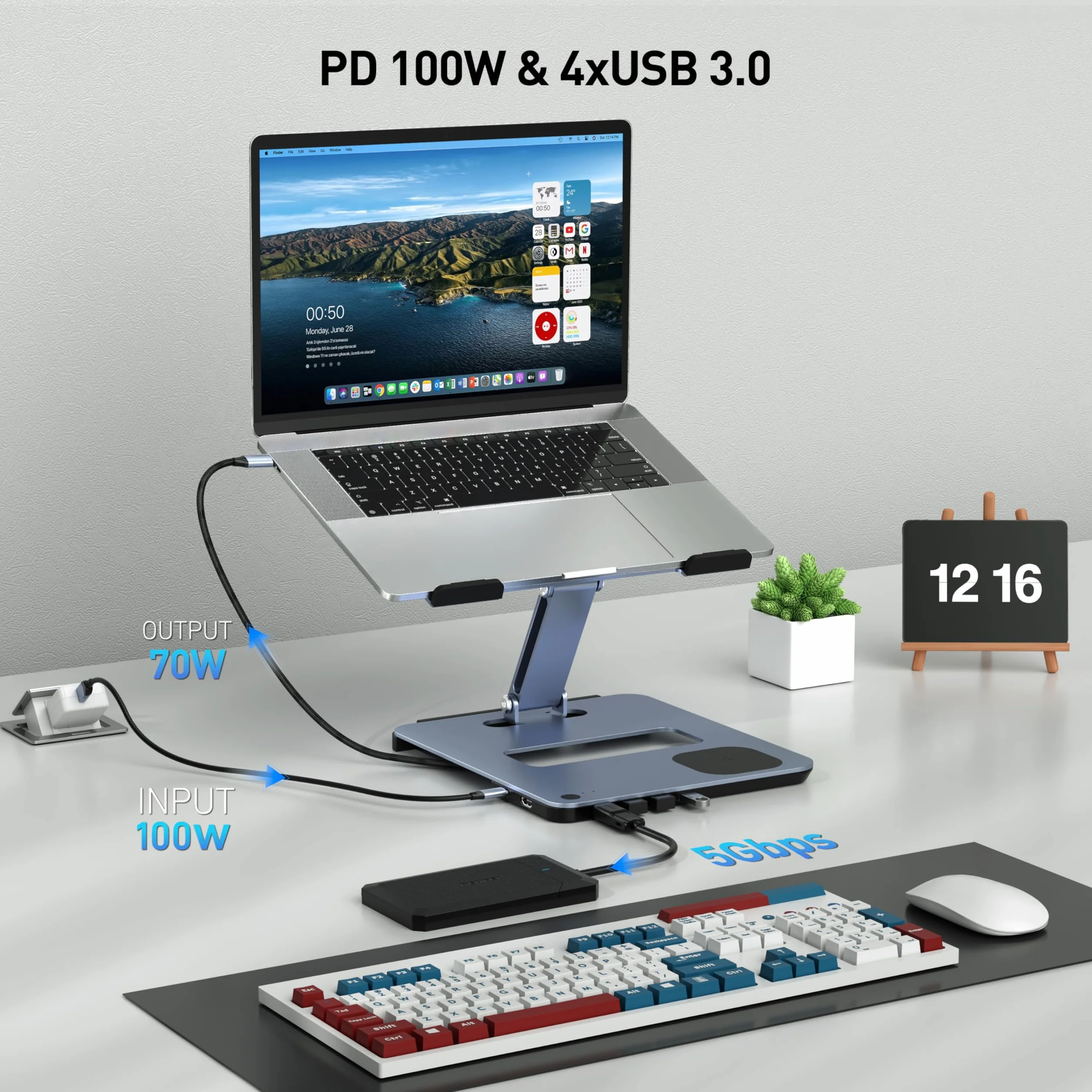 BENFEI Supporto per laptop con docking station USB C 6in1, caricatore wireless magnetico da 15 W, interruttore KVM USB 3.0, HDMI 4K@60Hz, 4*USB3.0, 100 PD W Compatibile con MacBook Pro/Air, iPad Pro
