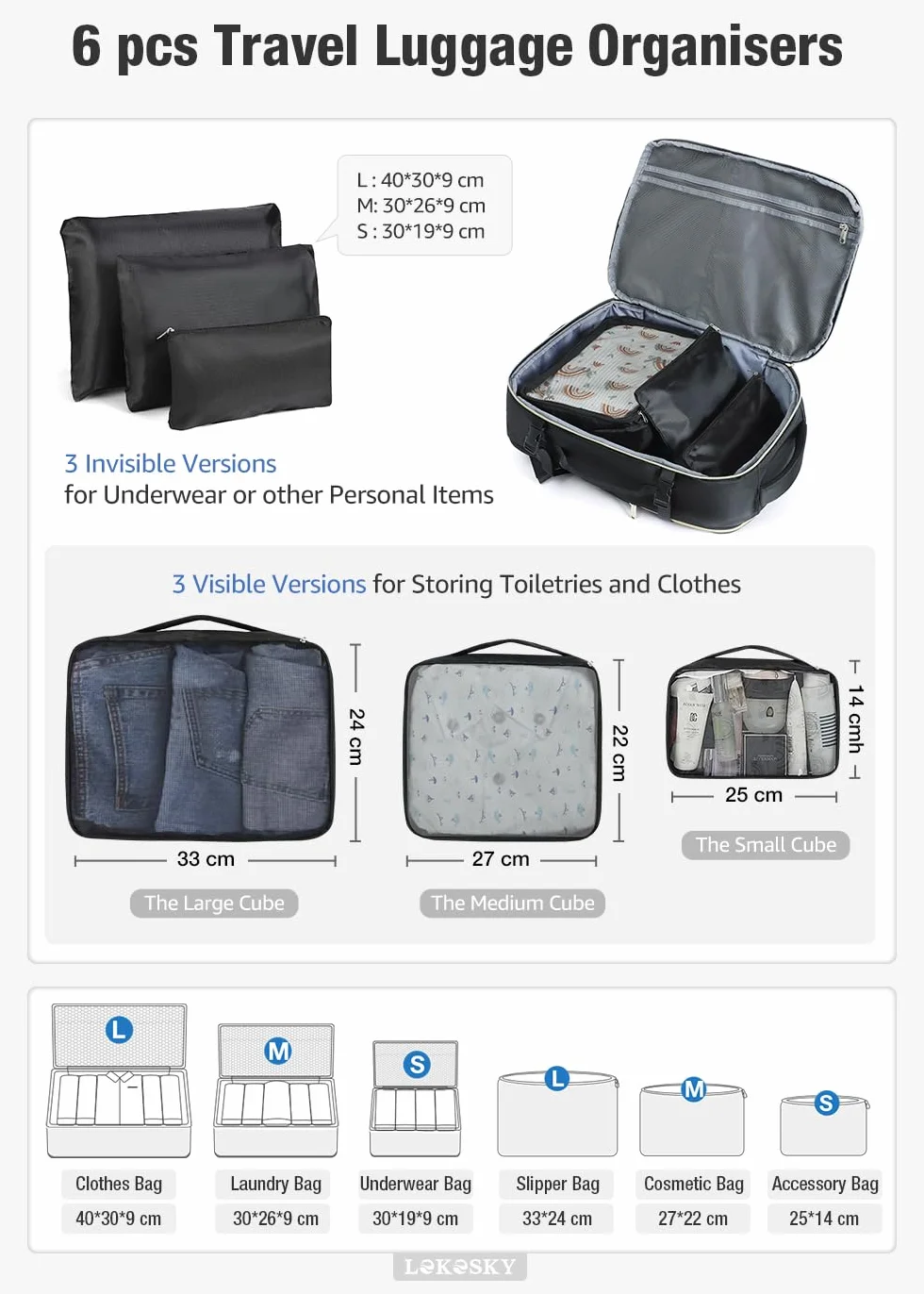 Zaino da Viaggio Grande Zaino Bagaglio a Mano, Zaino da Viaggio Aereo Bagaglio a Mano con Organizer Valigie 6 Pezzi Set, Borse da Cabina per Easyjet 45x36x20, Nero