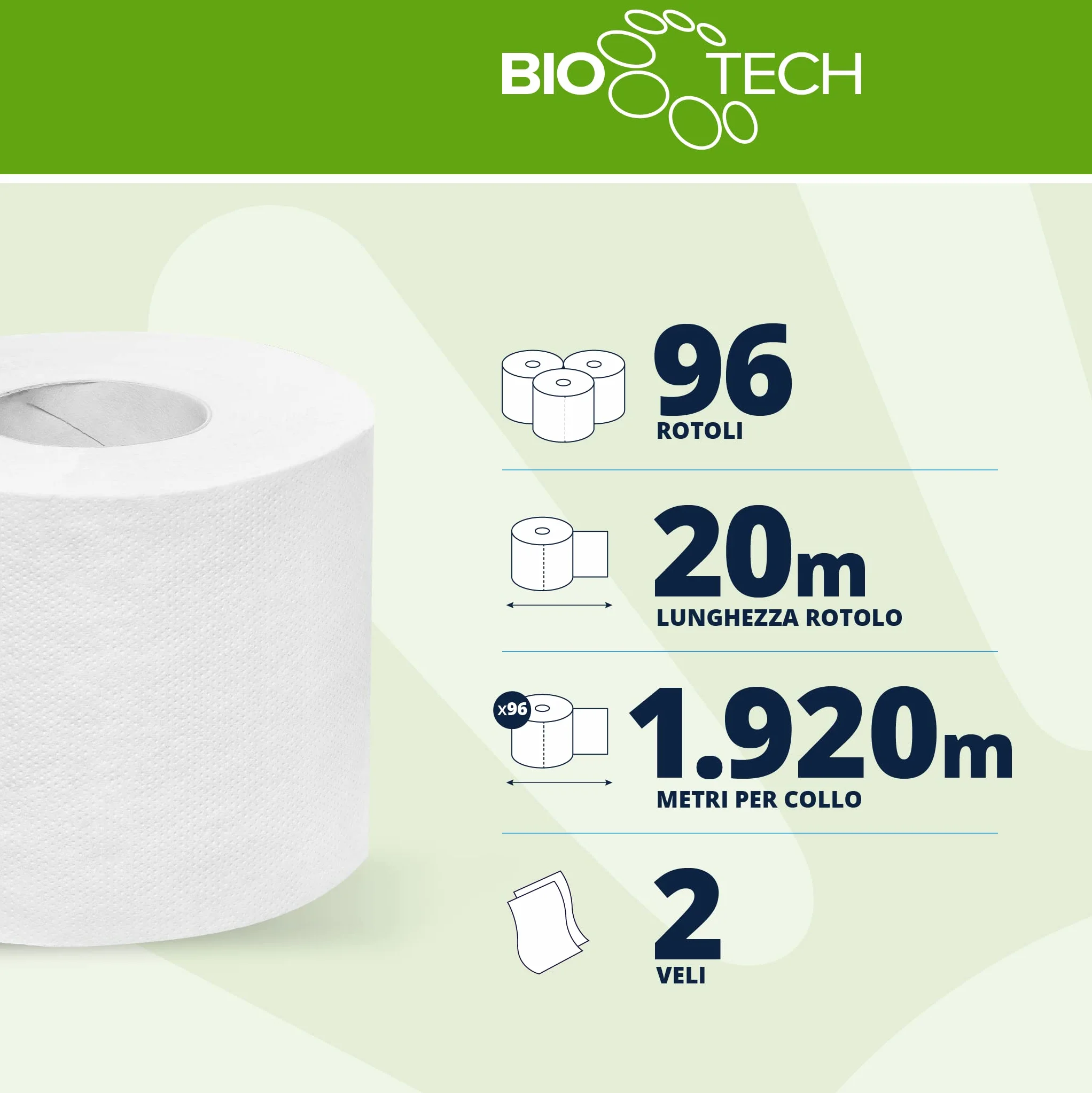 Papernet Bio Tech Carta Igienica 96 Rotoli 2 Veli Pura Cellulosa 19,8m 17.280 Strappi 9,5x11cm