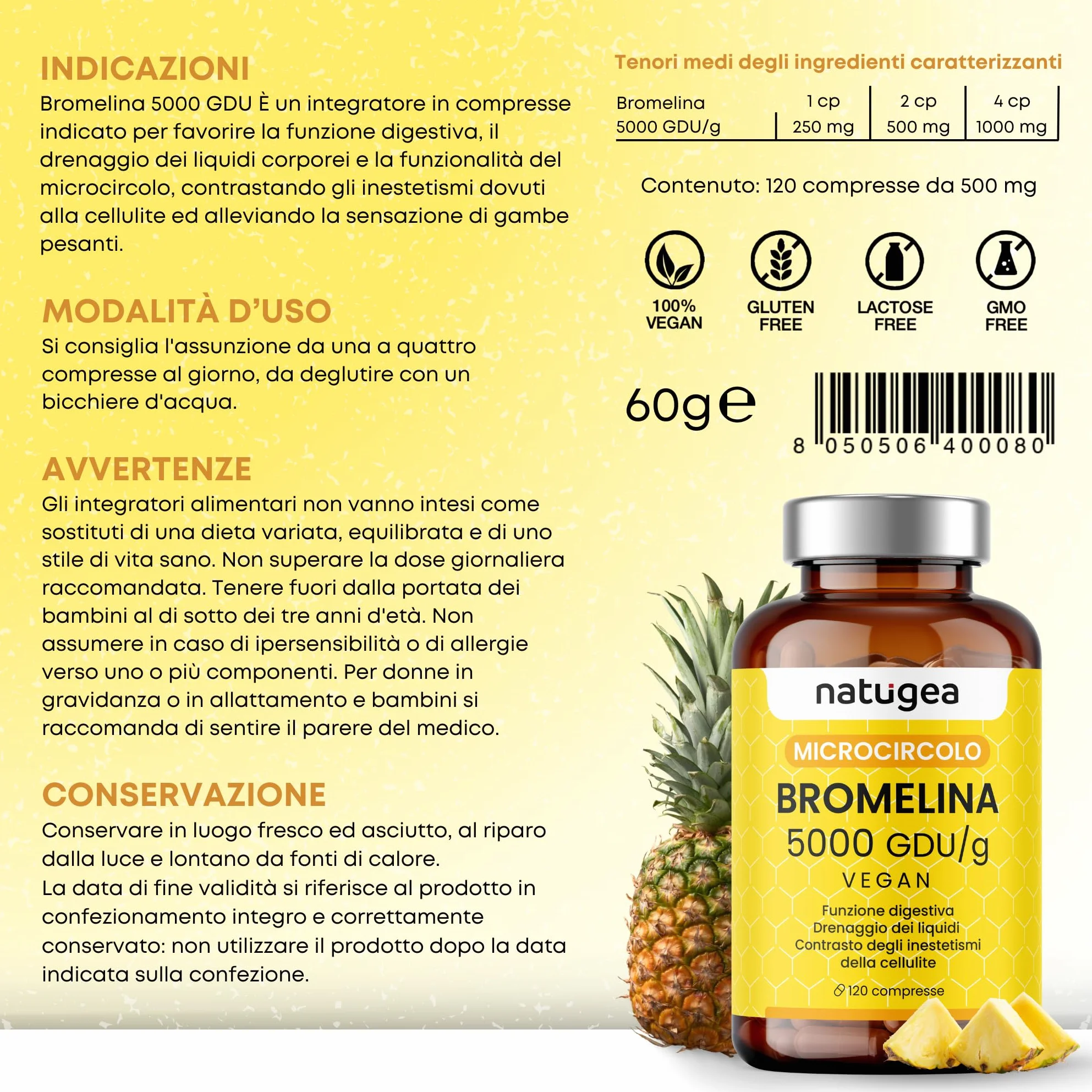 Natugea Bromelina Forte Drenante 5000 GDU/g 10000 FIP 120 Compresse Vegana Detox Anticellulite