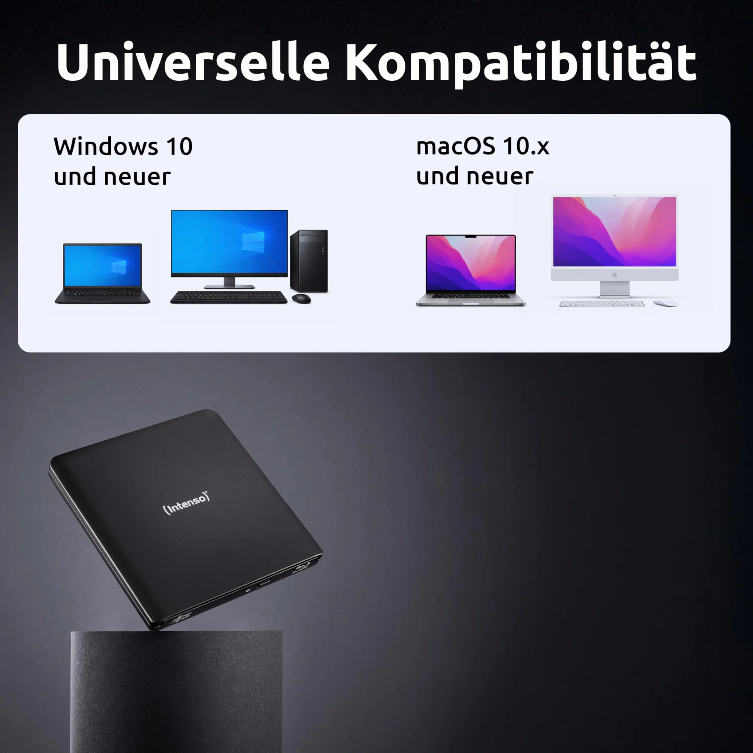 Intenso Unità esterna Blu-ray EOD 500BD Slim, USB 3.2, per laptop, desktop, iMac, MacBook, Windows, MacOS, con software di masterizzazione gratuito Ashampoo Burning Studio, nero