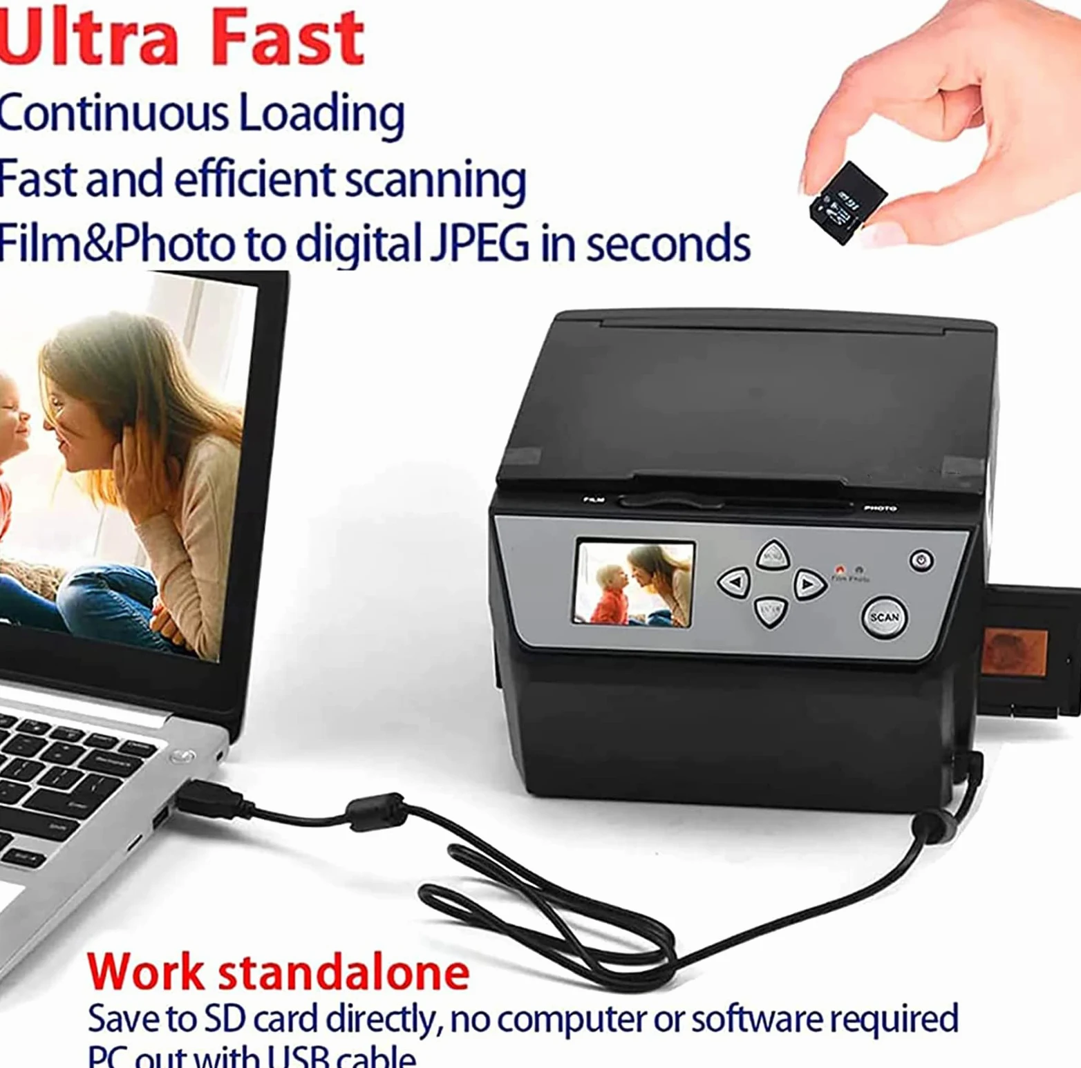 Scanner per film, ad alta risoluzione da 22 MP per 135 pellicole e diapositive da 35 mm, converte negativi in foto digitali JPG, uscita USB supportata
