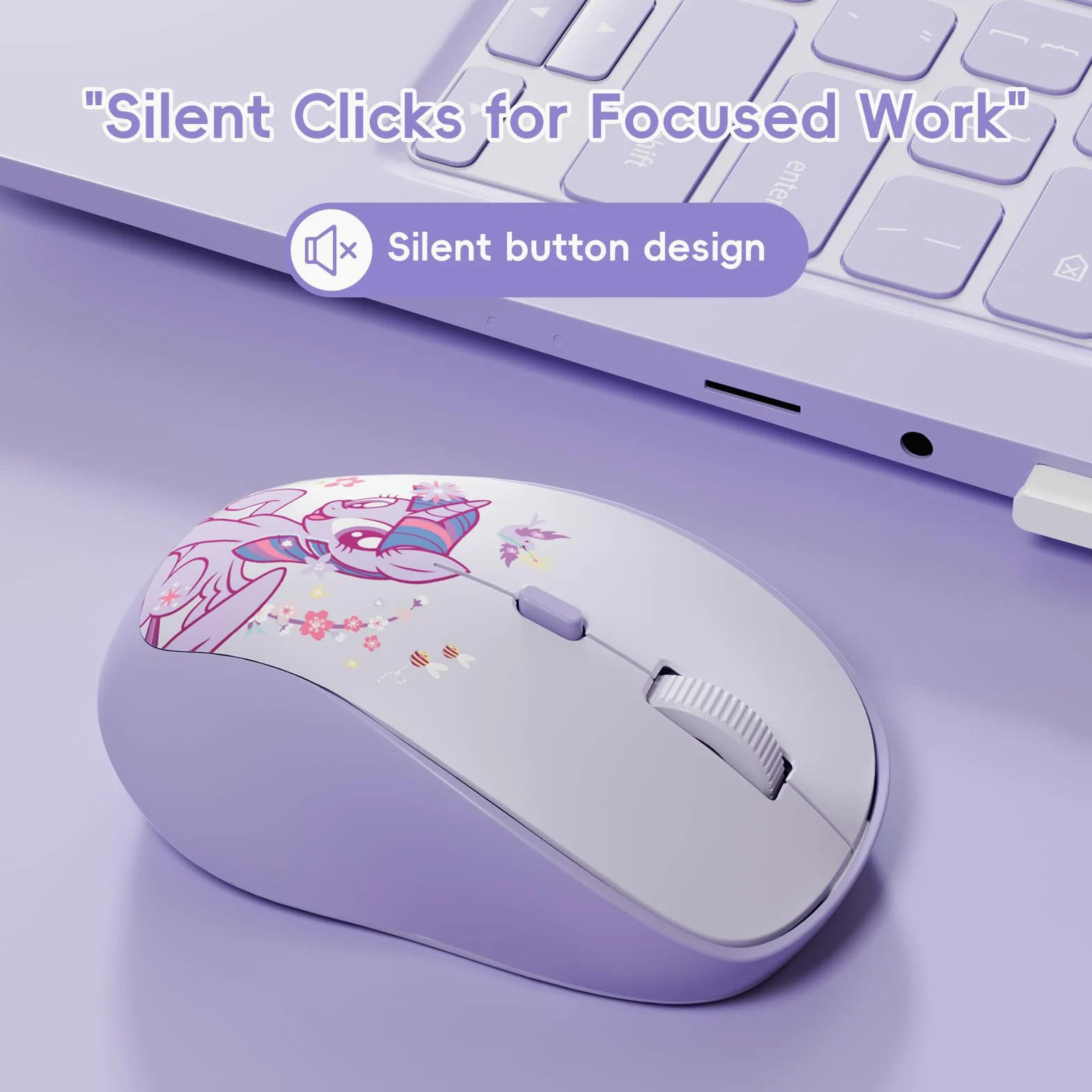 My Little Pony Twilight Sparkle Mouse wireless – Mouse silenzioso a 4 pulsanti con 3 DPI regolabili (1000/1200/1600), 2,4 GHz wireless per Windows/Mac, design compatto ed ergonomico, viola