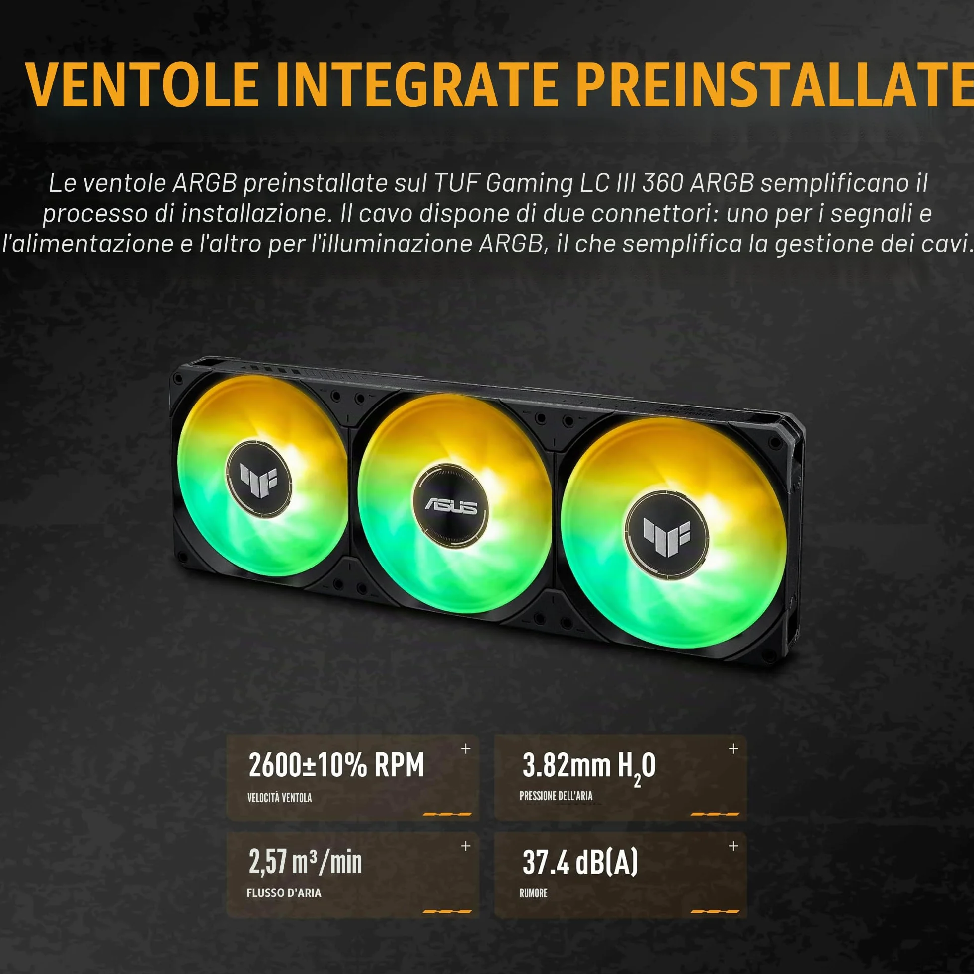 ASUS TUF Gaming LC III 360 ARGB, Dissipatore a Liquido All-in-One con Tripla Ventola TUF Gaming MF-12 Preinstallata e Integrata, Tubi da 400 mm Rinforzati, Software ASUS InfoHub, Nero