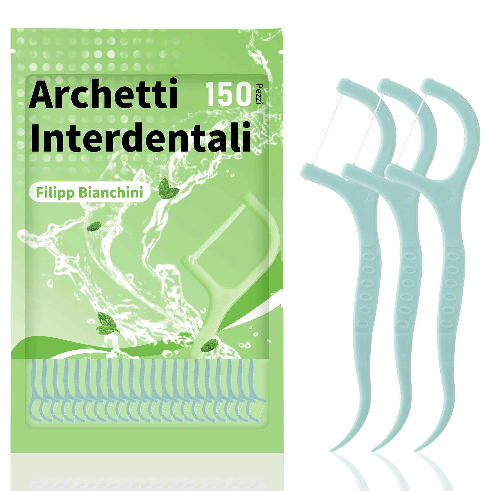 Filippo Bianchini Filo Interdentale Gusto Menta 150 Pezzi Bastoncini Portatili Cura Dentistica