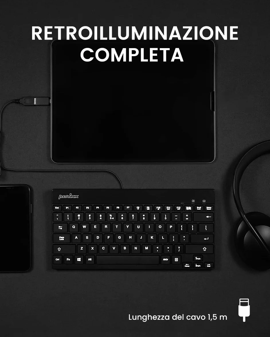 Perixx PERIBOARD-326 USB Mini Tastiera Cablata Retroilluminata con Tasti a Basso Profilo, QWERTY Italiano