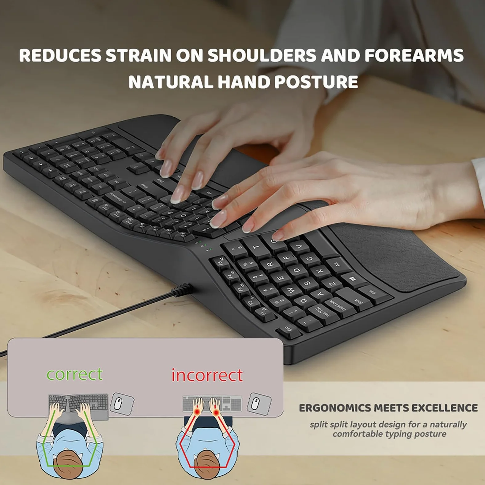 Digitazione Comfort Tastiera Split Design Wired Naturale Ergonomico Full-size 110 Tasti Universale Plug-play Supporto Polso Ufficio Nero