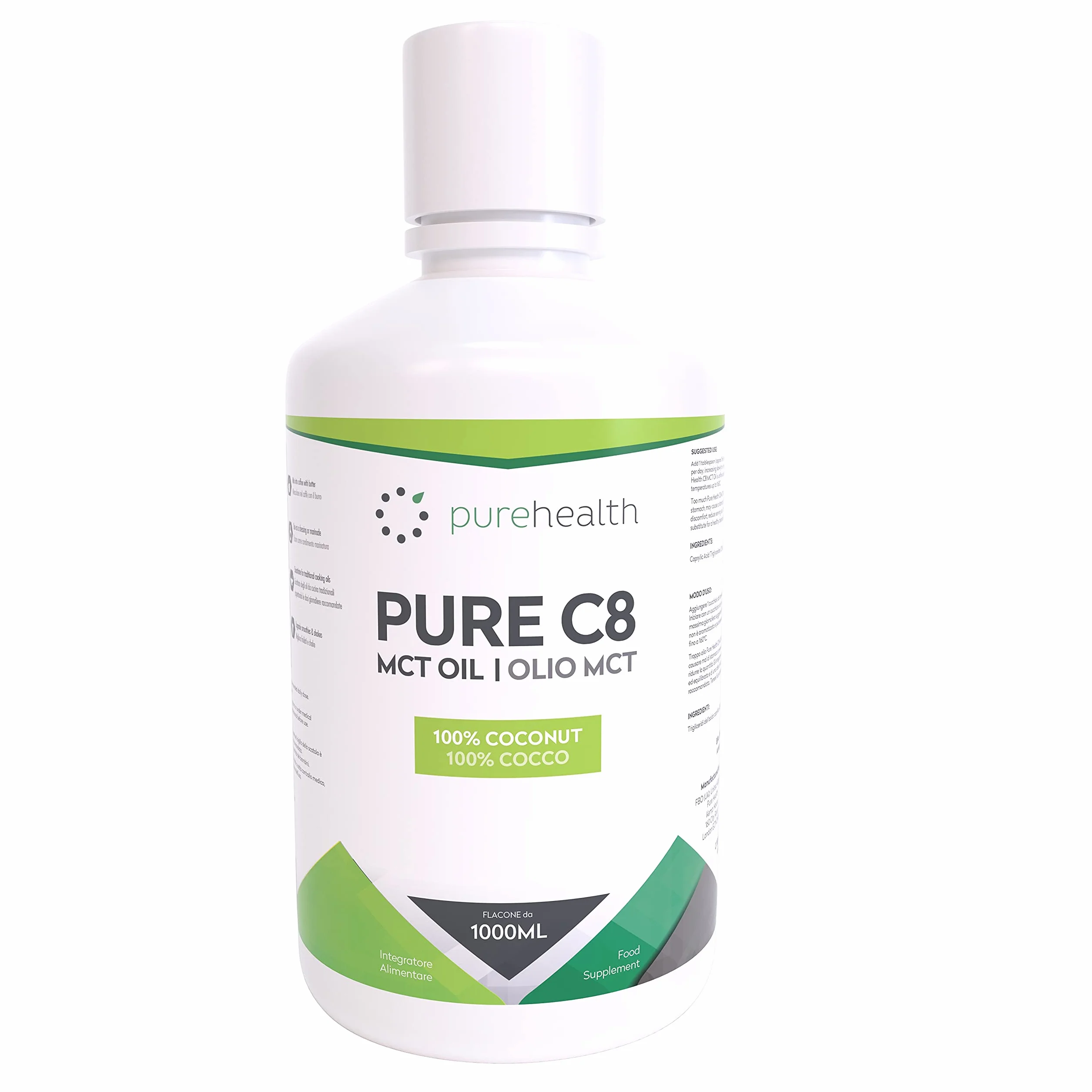 C8 MCT Oil Olio 1000ML 100% Cocco 99% Purezza Acido Caprilico Puro C8 Paleo Keto Vegan Senza Glutine Bottiglia senza BPA