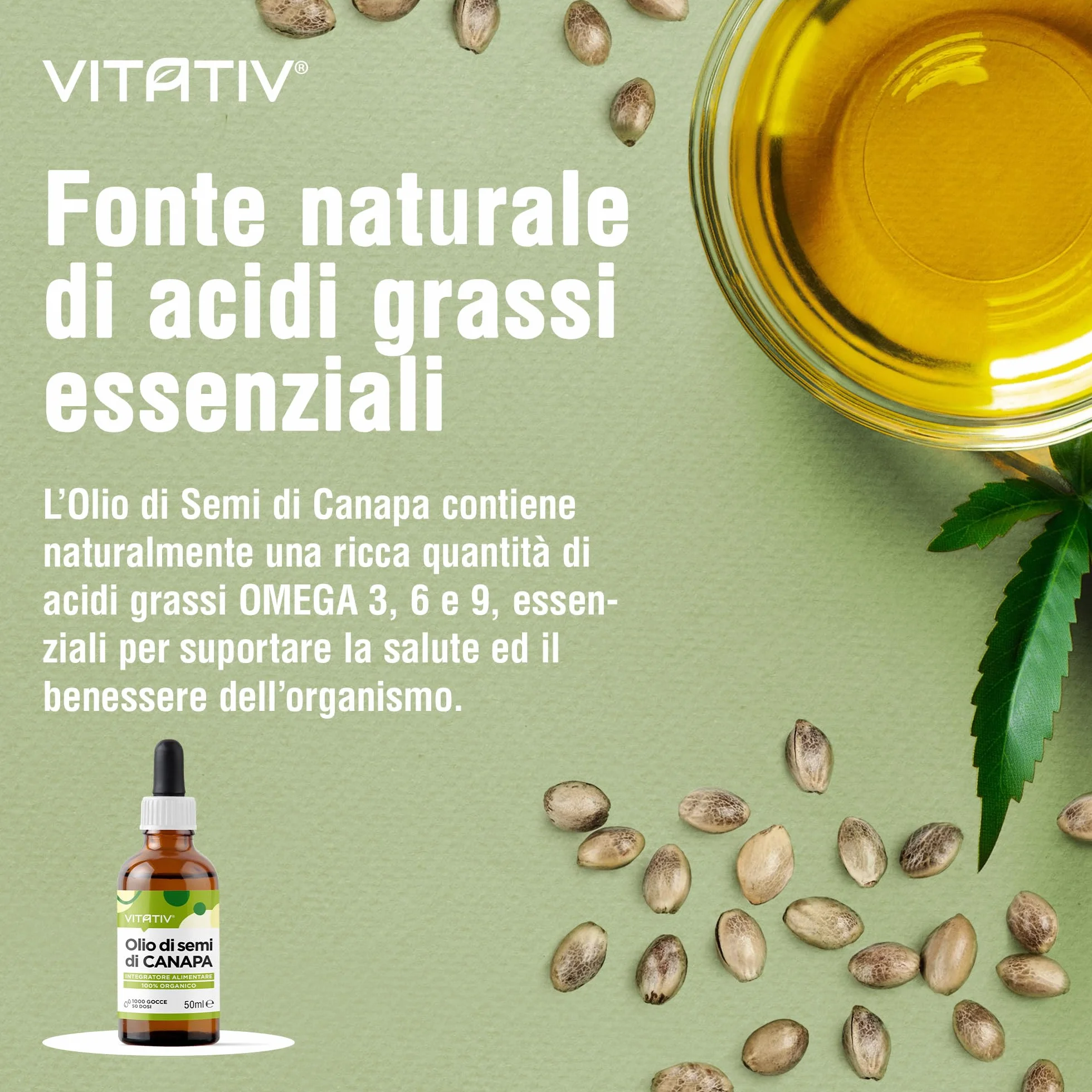 Olio di Canapa Puro 50ml Fonte Vegana di Omega 3 6 9, Vitamine e Minerali - Olio di Semi di Canapa Pressato a Freddo