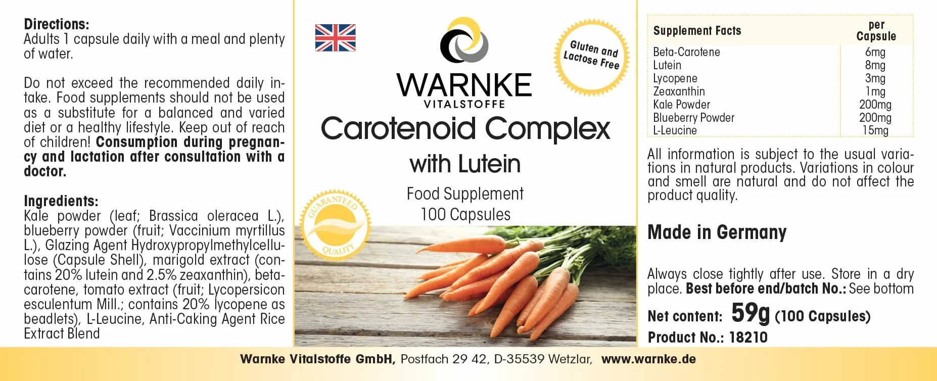 Warnke Vitalstoffe Carotenoidi e licopene Plus Beta-carotene luteina zeaxantina 100 capsule