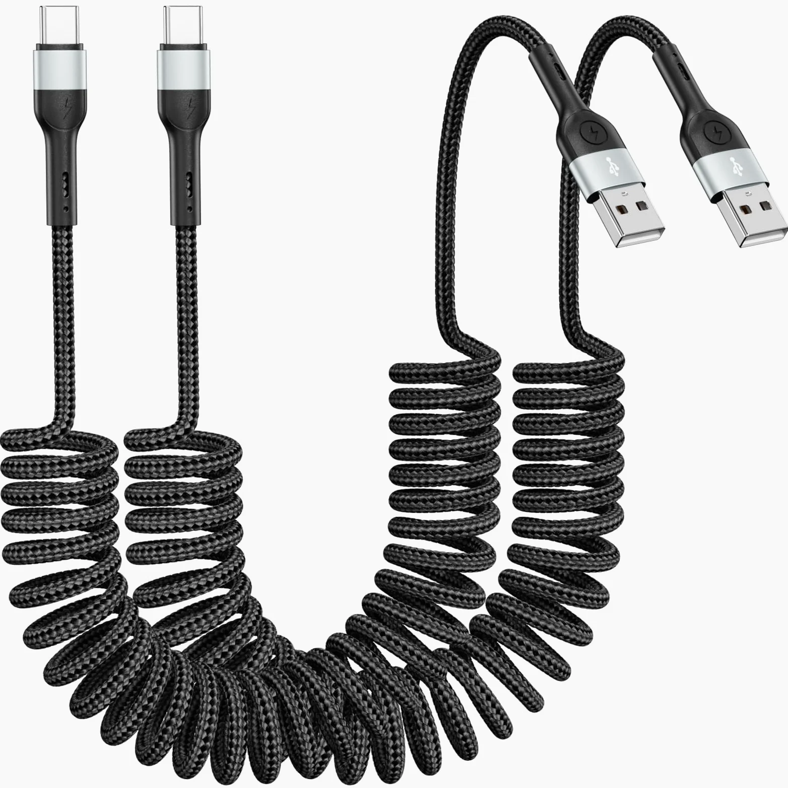 Cavo da USB A a USB C, confezione da 2, 1,2 m, cavo a molla retrattile a spirale, ricarica rapida per Apple CarPlay, compatibile con iPhone 17, 16, 15, Samsung Galaxy, Google Pixel, LG