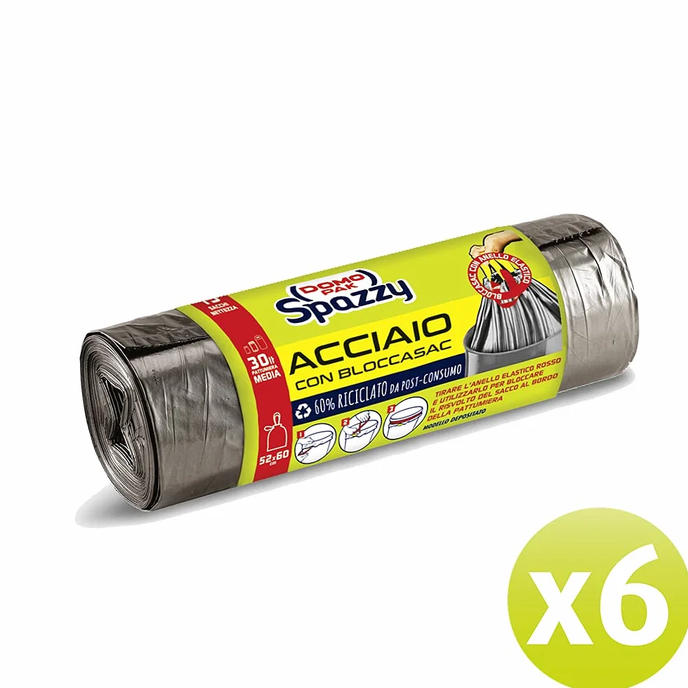 Domopak Spazzy Sacchi Nettezza Acciaio con Bloccasac 30 Lt, 6 Confezioni da 15 Pezzi