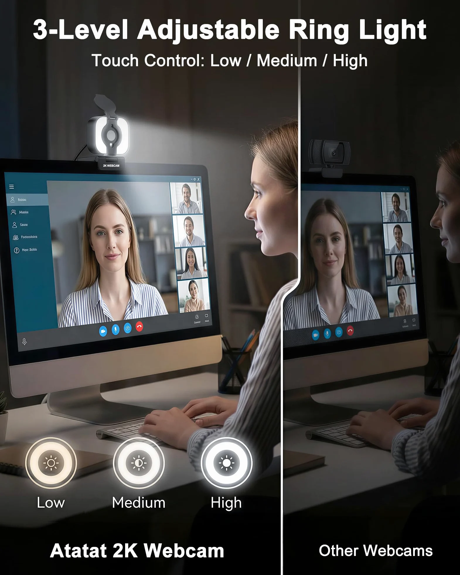 Atatat Webcam 2K per PC con luce, microfono, copertura privacy | Telecamera Web autofocus per desktop/laptop/monitor/Mac, fotocamera per Zoom/Skype/team/videochiamate/riunioni