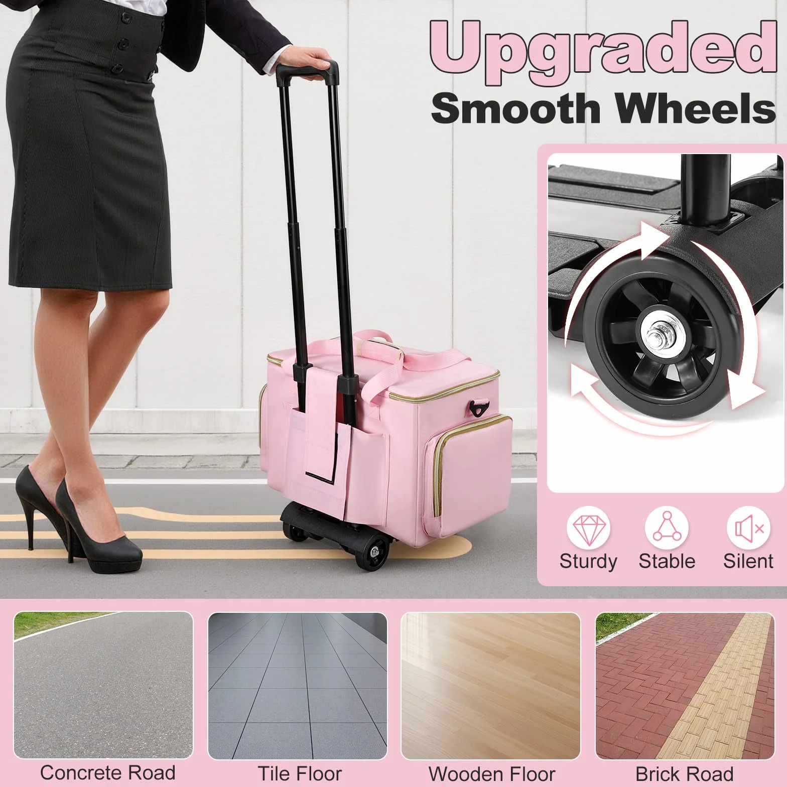 Housolution Borsa Insegnante con Ruotata, Borsa Tote con Trolley Staccabile, Valigetta Lavoro con Ruote per Laptop, Carrello Portadocument Organizer a Fisarmonica, Adatta per Laptop da con 15,6", Rosa