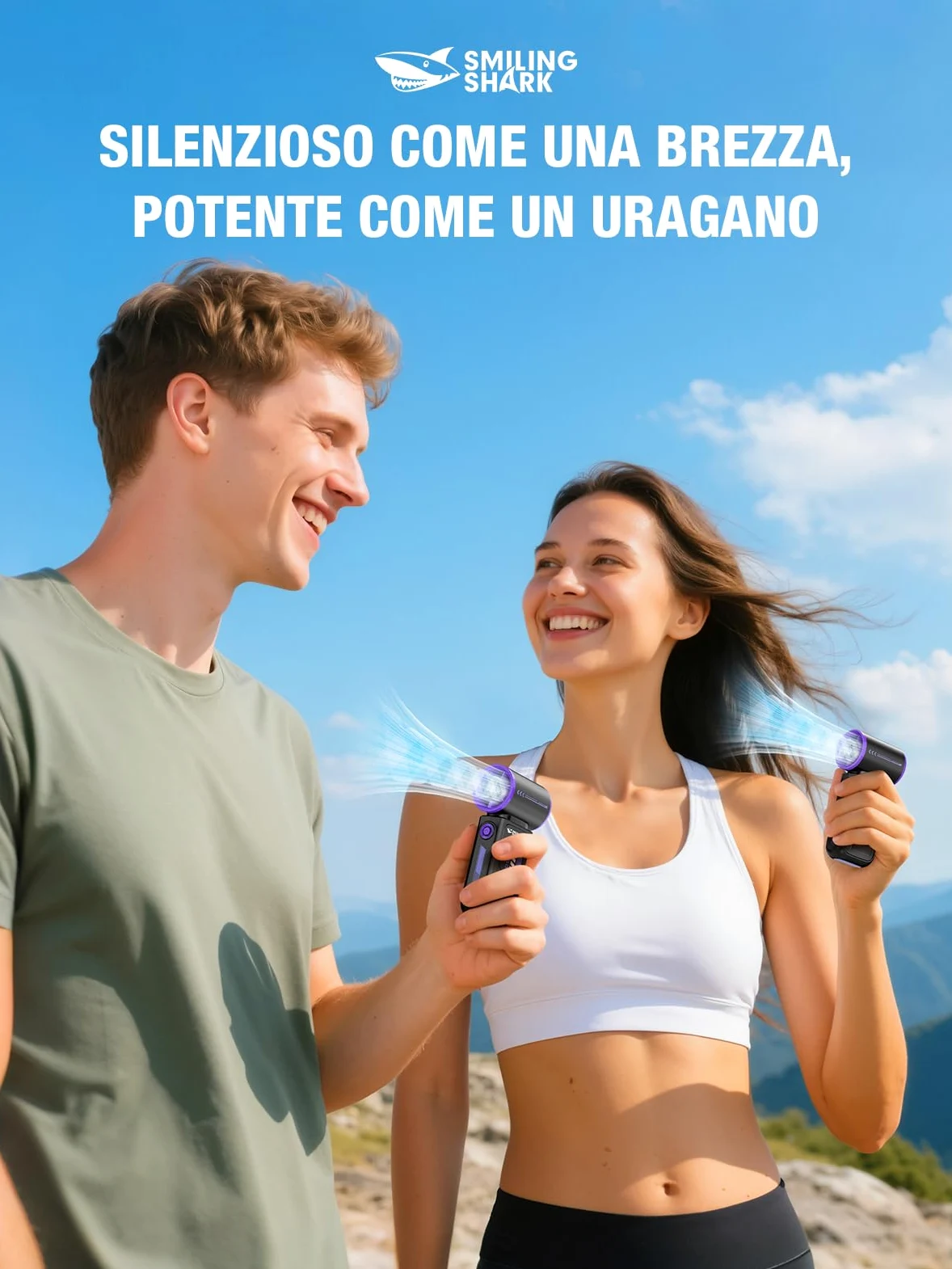 Smiling Shark TF-01 Ventilatore Turbo Portatile, Turbo Power 10m/s Alta Velocità Regolabile 1-100 Mini Ventilatore Portatile a Mano [Max 12H] con Display LED per Viaggi/Concerti/All'aperto/Campeggio