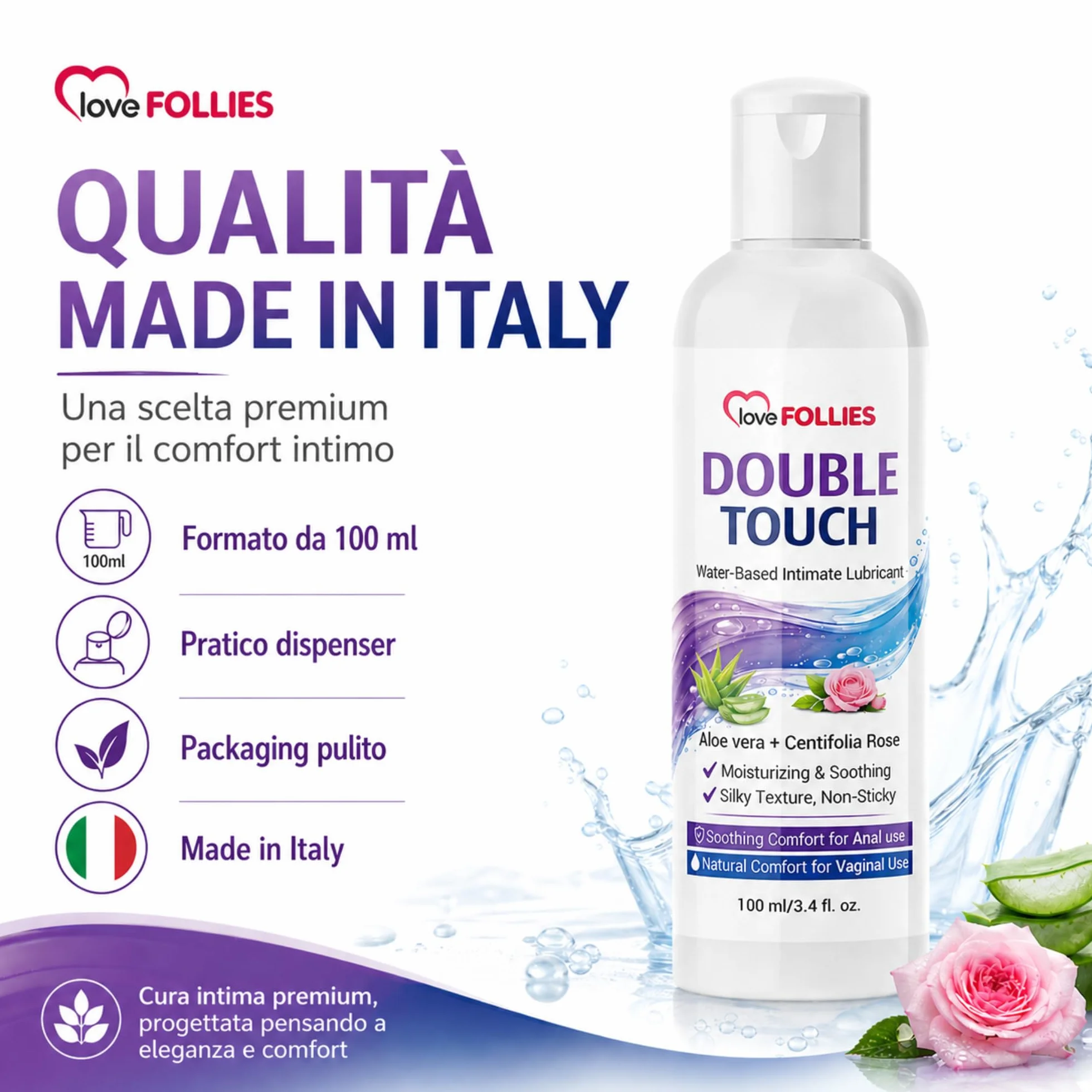 Gel Lubrificante Intimo Double Touch All'Acqua con Aloe Vera e Rosa Centifolia, 100 ml