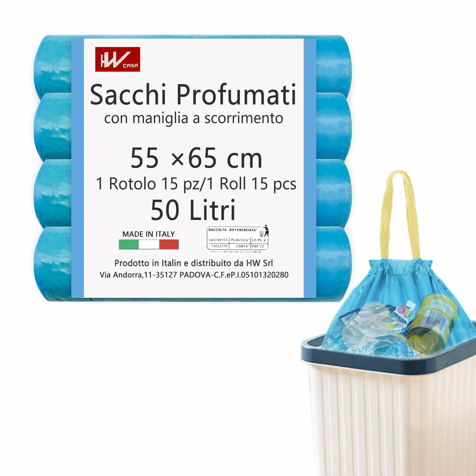 HW Sacchetti Spazzatura 55x65CM 50L 4 Rotoli 60 Pezzi Riciclabile per Raccolta Differenziata (BLU)