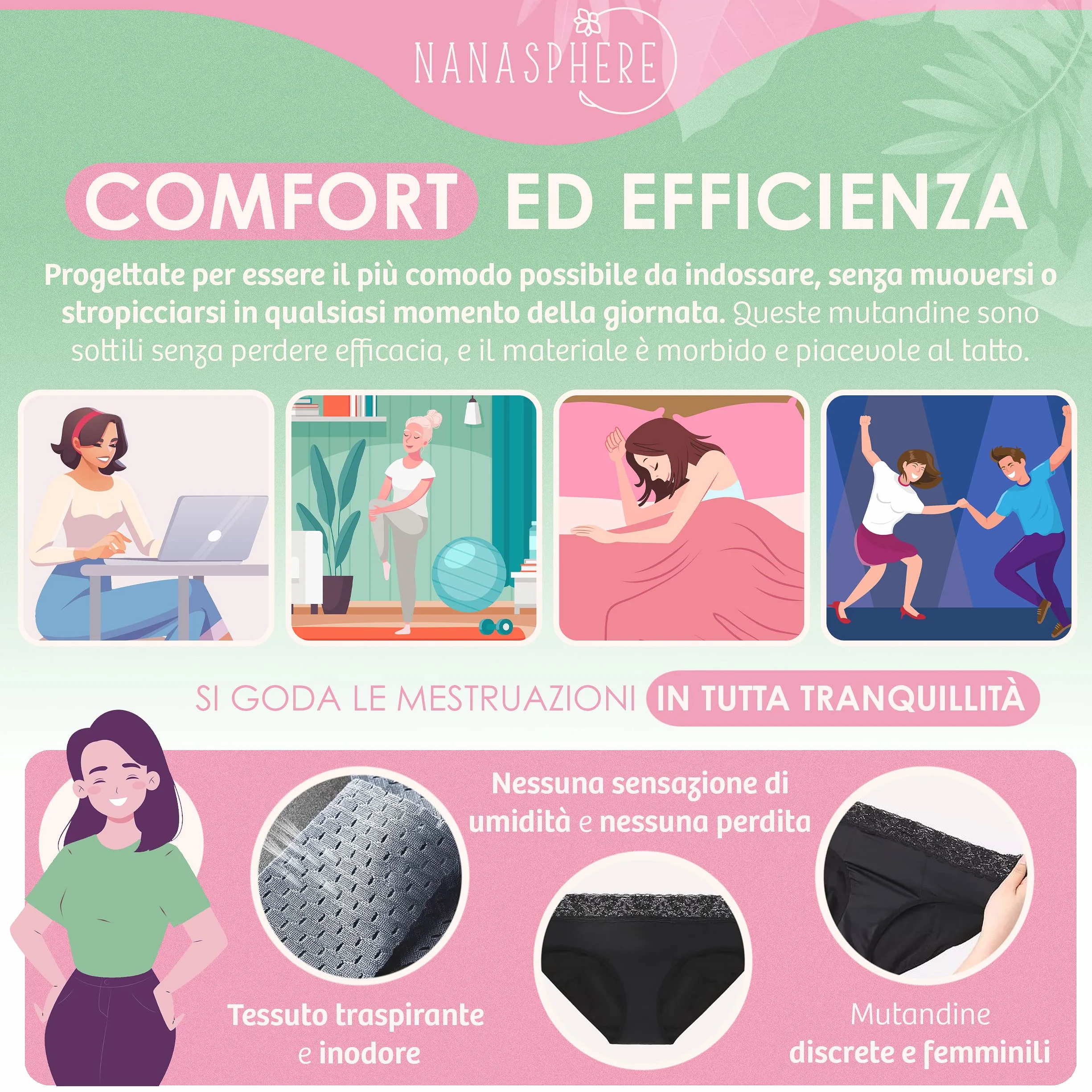 Slip Mestruale Donna Cotone Organico Mutande Assorbenti Mestruali Set di 3 Flusso Abbondante