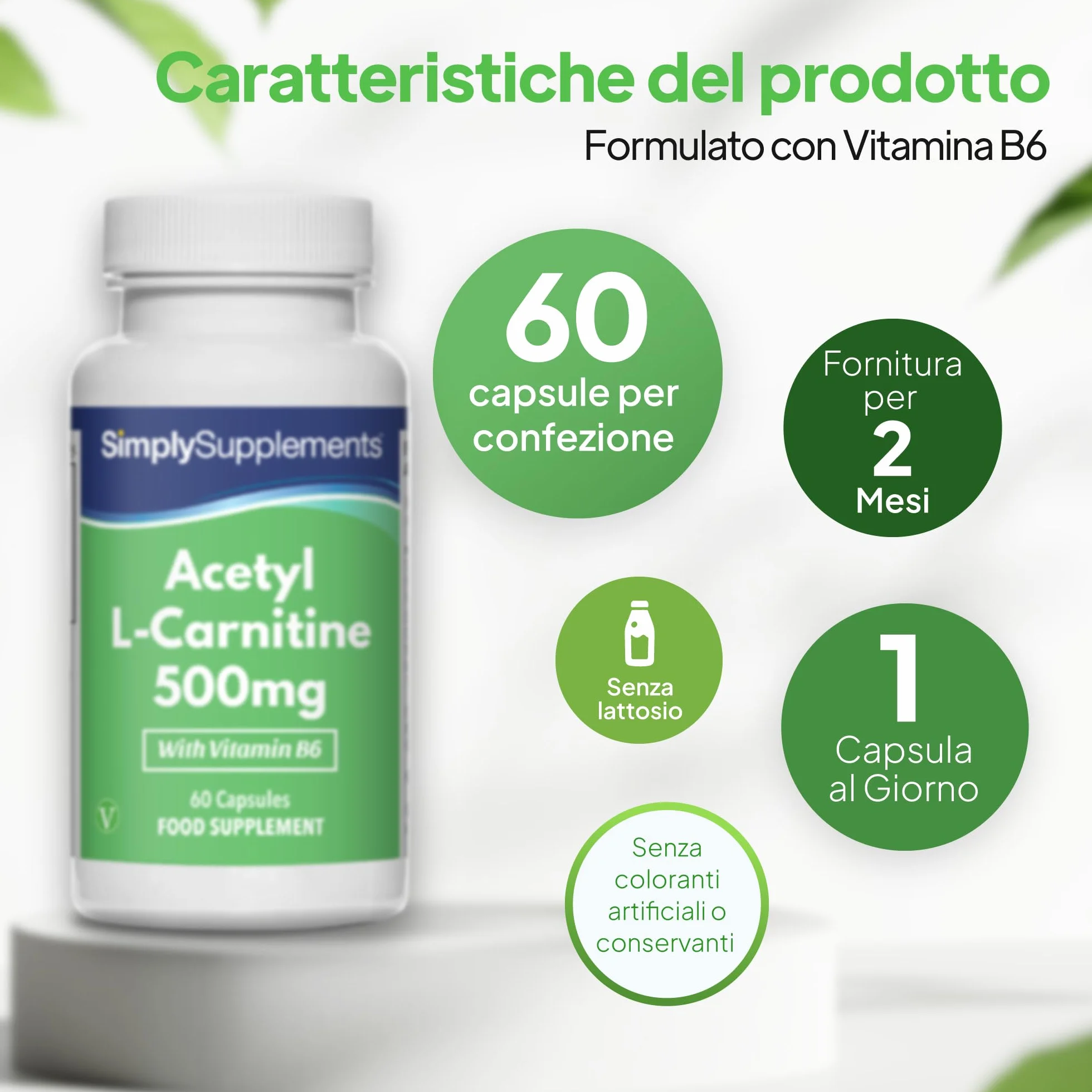 Capsule Acetil L-Carnitina 500 mg con Vitamina B6 | 60 Capsule
