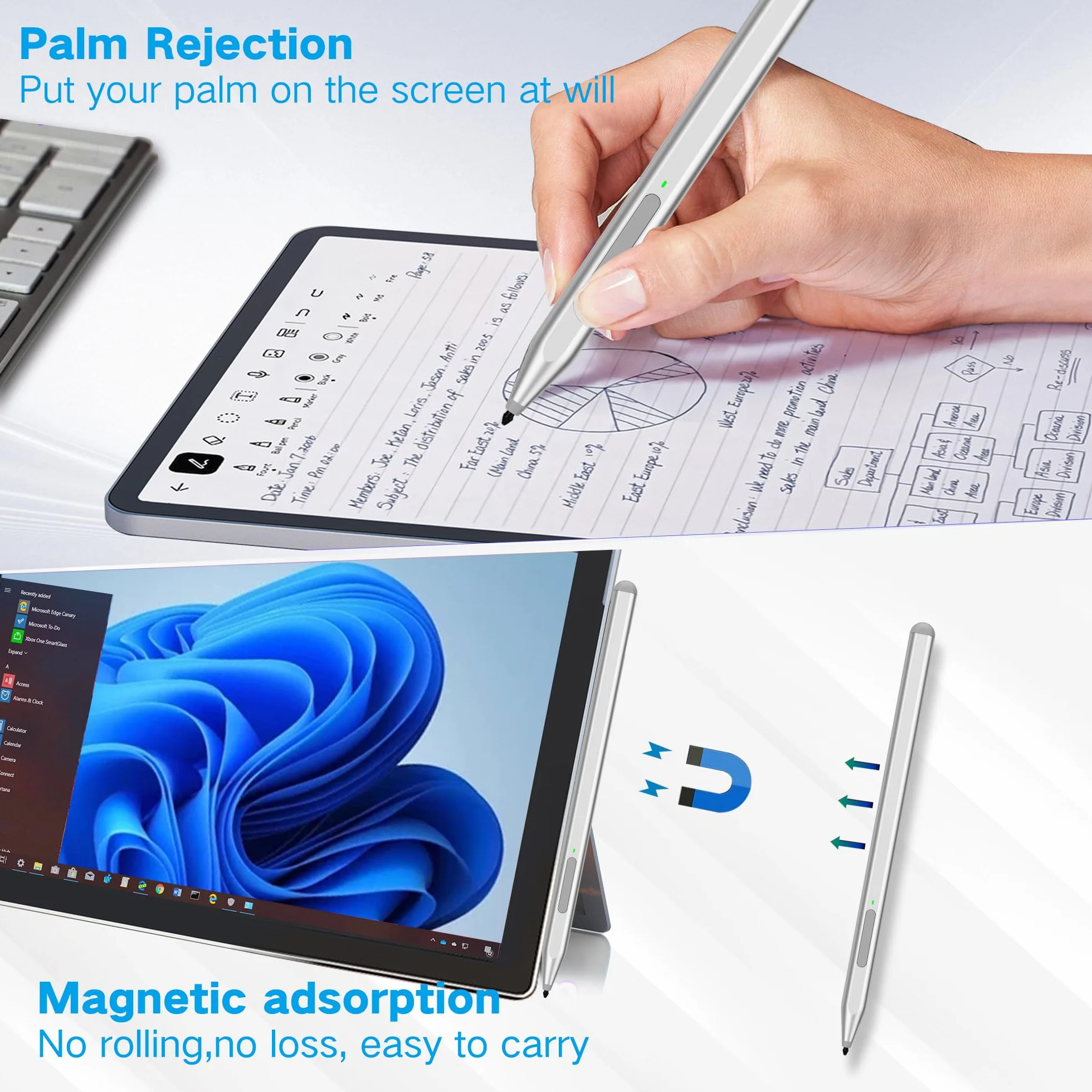 Milikilo Penna Stilo per Microsoft Surface Pro12/11/10/9/8/X/7+/6/5/4,Surface Go 4/3/2/1,Surface Laptop1-5/Studio/Book3/2/1,Riconoscimento del Palmo Mano,Funzione Inclinazione,1024 Pressione (Argento)