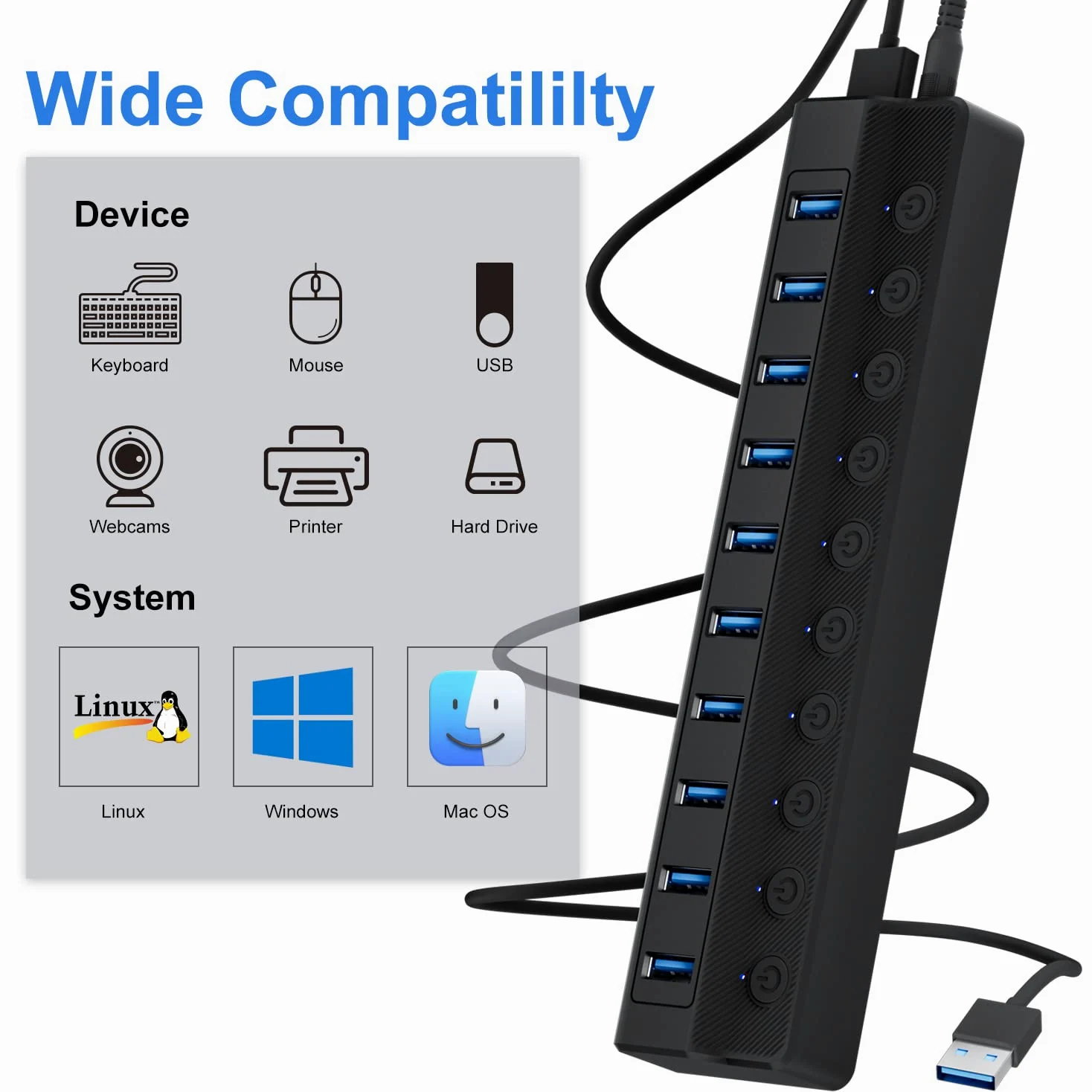 ONFINIO Hub USB 3.0, hub splitter USB a 10 porte con interruttori on/off individuali e adattatore di alimentazione 12V/2A estensione USB