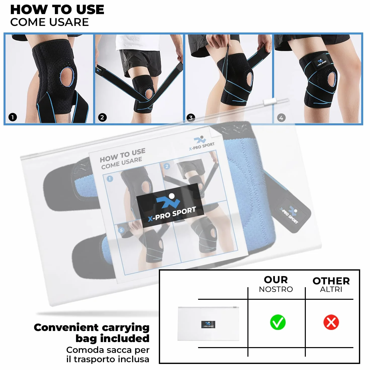 Tutore Ginocchio X-Pro Sport Ginocchiera Rotulea Regolabile Supporto Menisco Legamenti Crociati