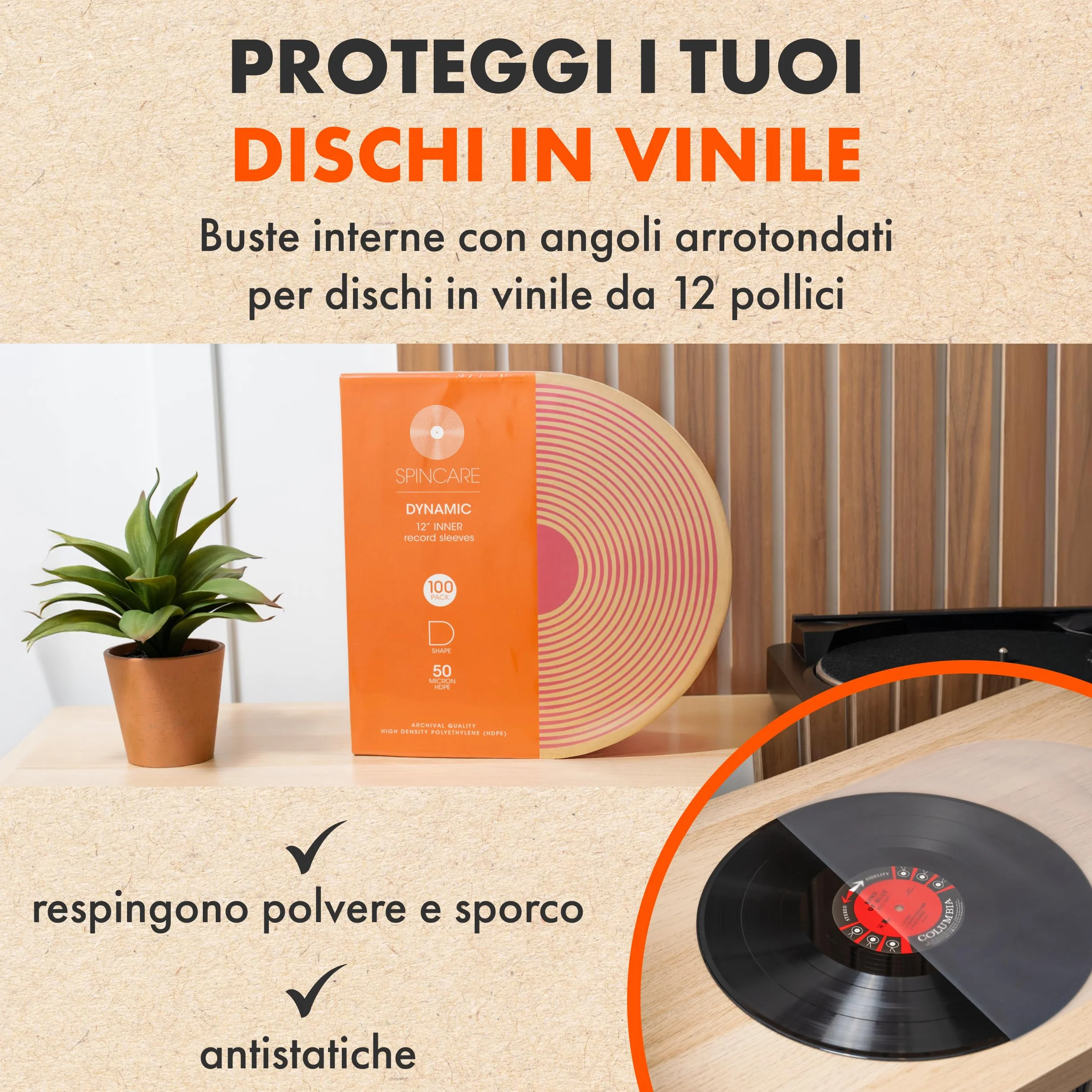 Spincare 50x Buste Interne Antistatiche per Vinili 33 Giri 12 Pollici | Dynamic Bordo Arrotondato Buste per Vinili Protettive | Buste Vinili 33 Giri HDPE Premium