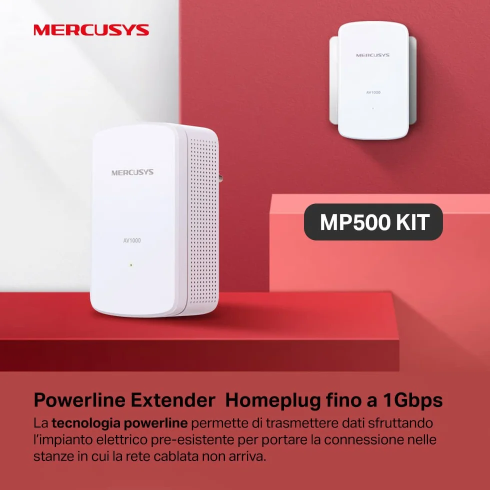 Mercusys TP-Link MP500 KIT Powerline Kit Homeplug AV2 Fino a 1000Mbps, 1 Porta Gigabit, Plug & Play, Compatibile con Tutti i Router, Tecnologia Powerline