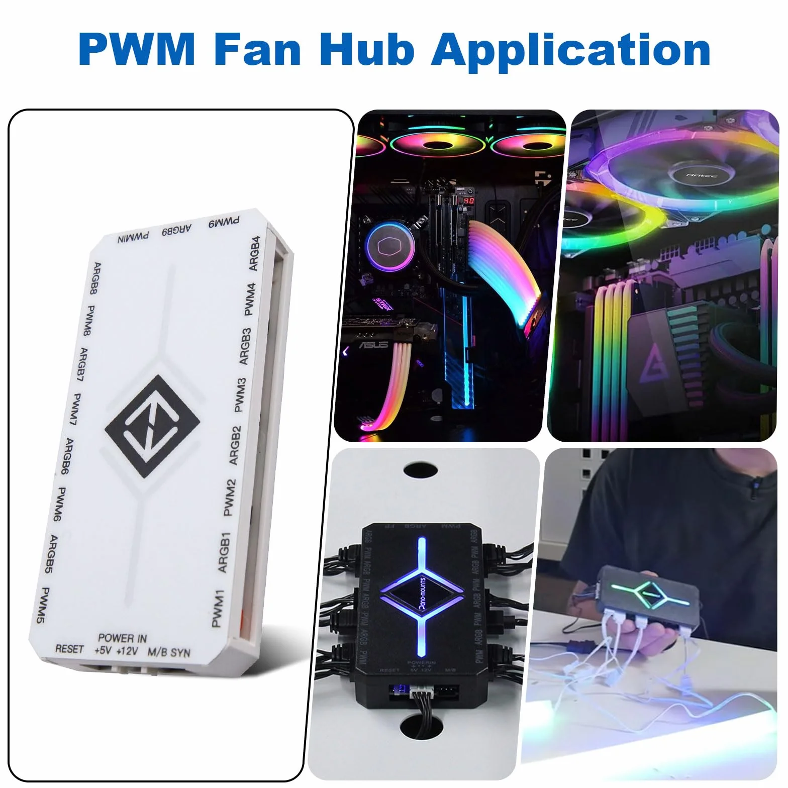 Hub ventola PWM ARGB RUIZHI 2 in 1, 9 prese PWM 4 pin, 5V 3 pin, SATA, 18 connessioni RGB
