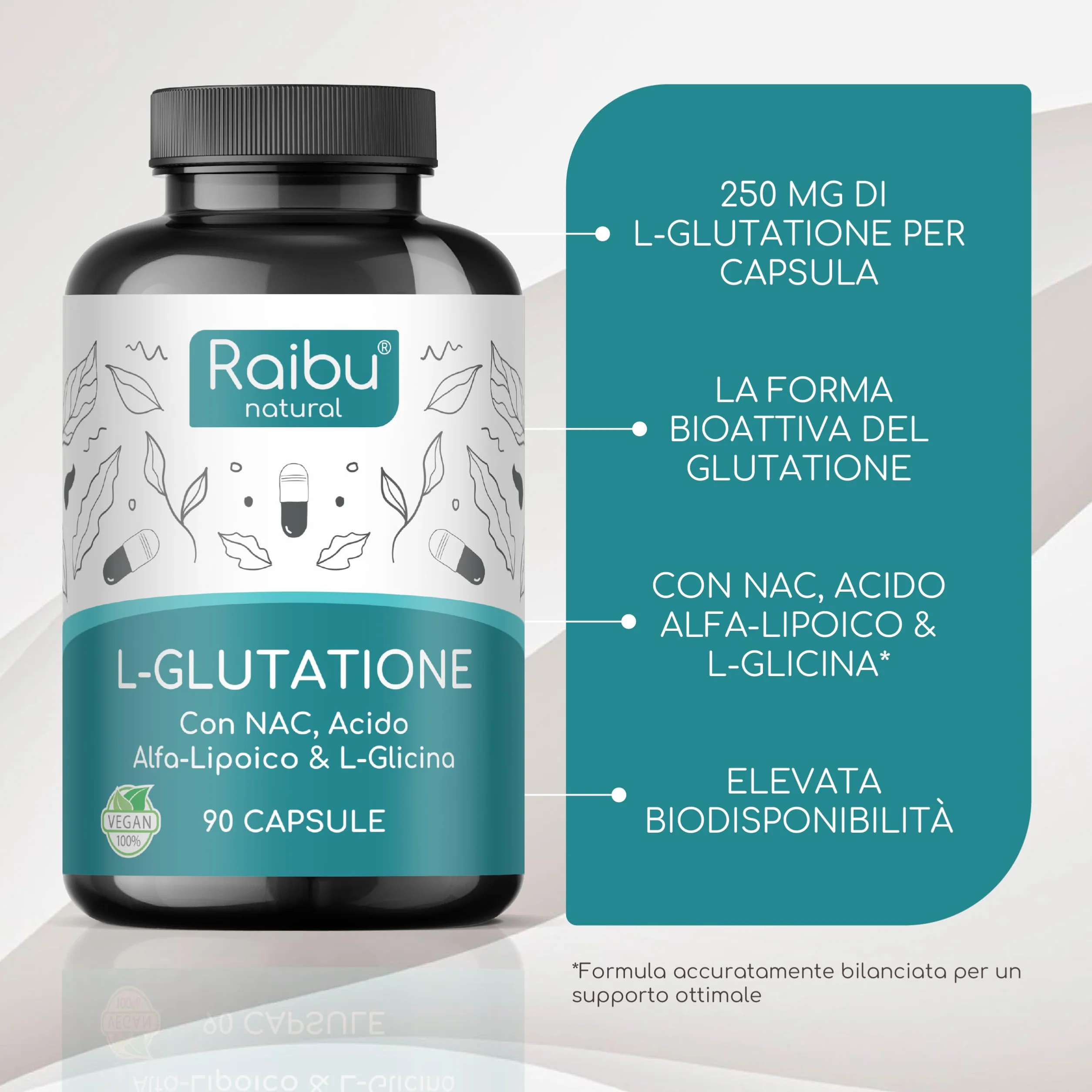 Glutatione Forte Ridotto L-Glutatione con NAC Acido Alfa-Lipoico L-Glicina Antiossidante Bioattivo 250 mg per Capsula 90 Capsule Vegane