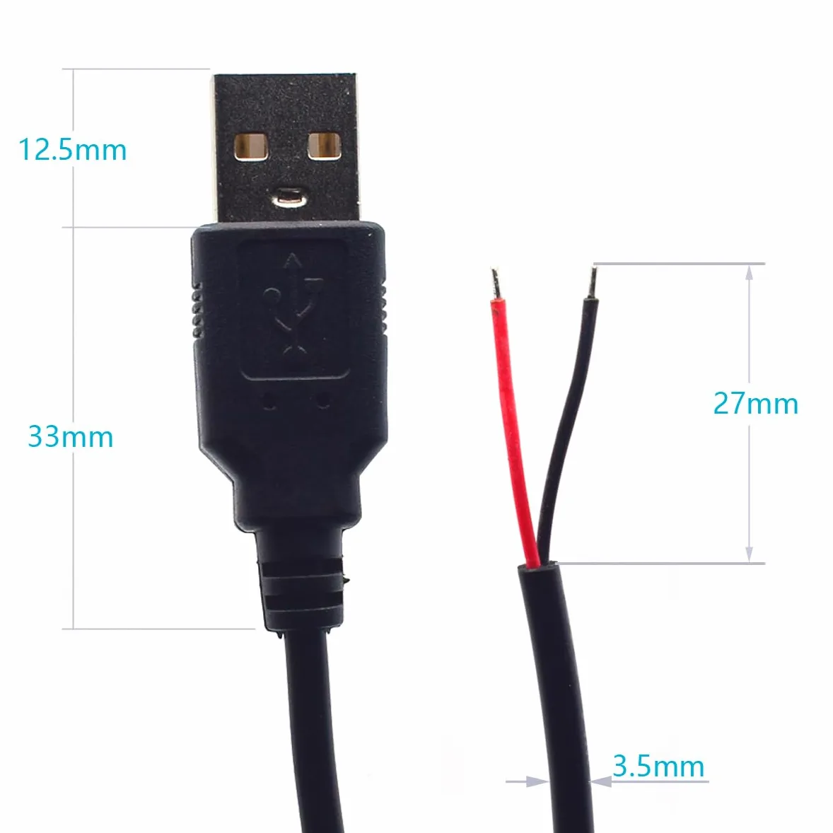 5 cavi USB a spirale a 2 fili, 22 AWG, 1 m, USB 2.0 maschio, 2 pin, filo nudo 5 V 3 A, 2 nuclei, cavo di prolunga con estremità aperta, con connettore a molla a 2 posizioni (USB maschio)