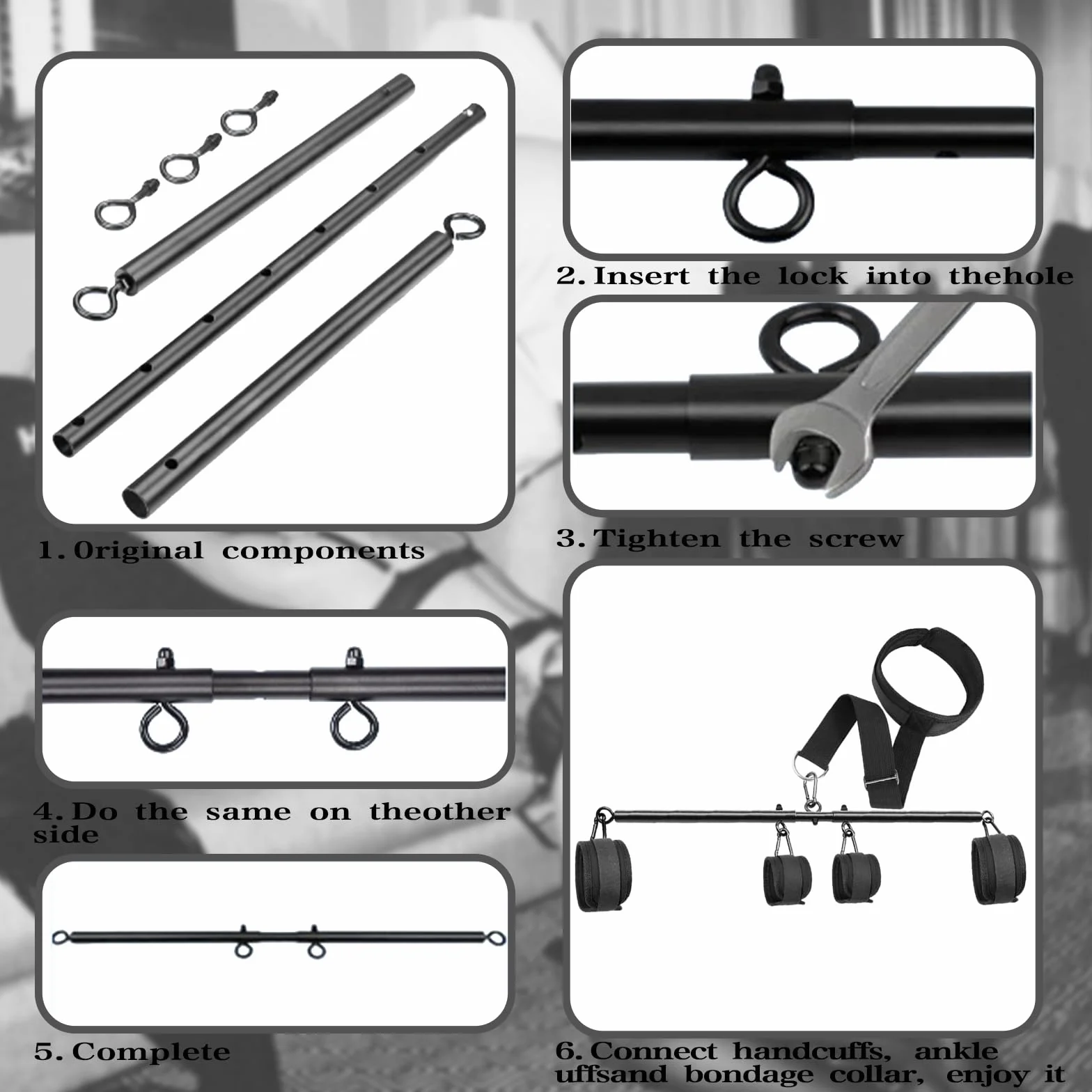 Barra Divaricatrice Regolabile BDSM con Collare e Manette – Set di Costrizione per Polsi, Collo e Caviglie
