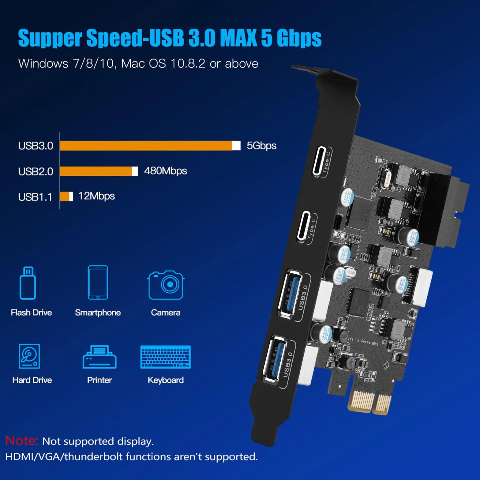 Scheda PCIE USB 3.0 6 porte, PCIE E su USB 3.0 Tipo C (2), Tipo A (2), Connettore a 19 Pin, Tipo E(A-Key) PCI Express Scheda di Espansione per Desktop PC Window