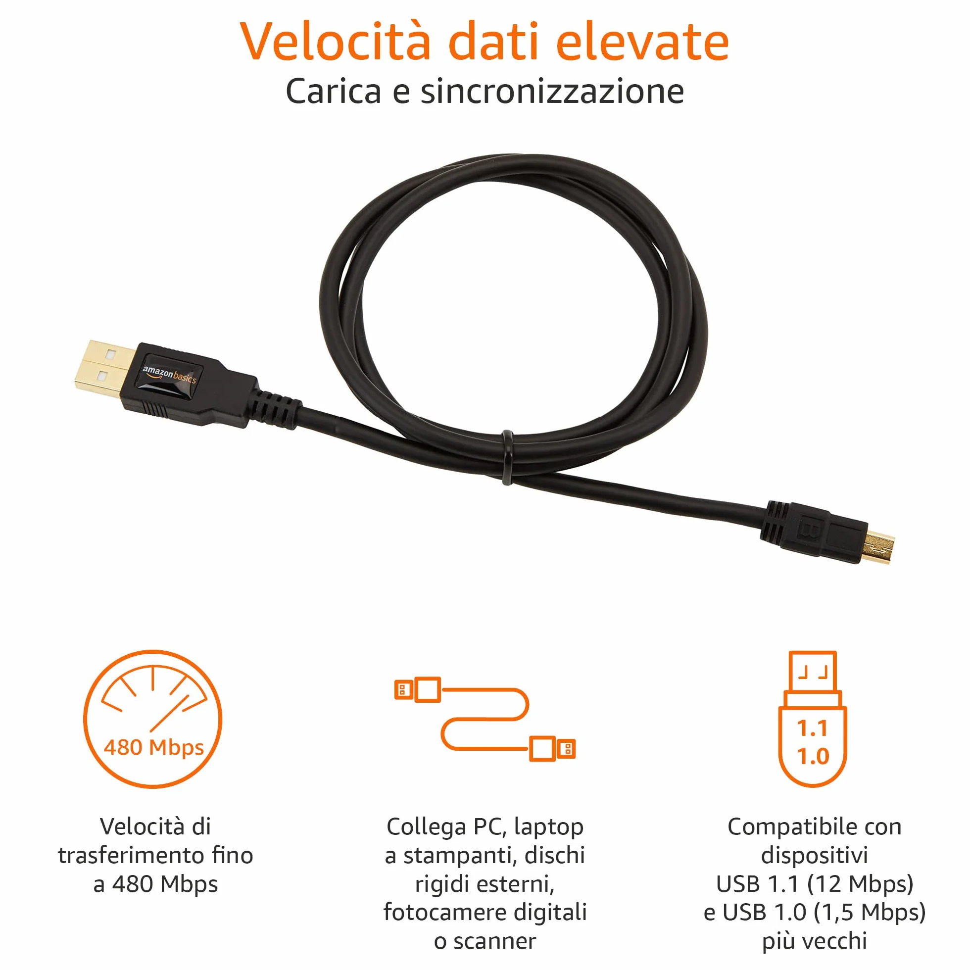 AmazonBasics Cavo USB-A 2.0 maschio/Mini USB B (0.9 m) per Personal computer, Nero