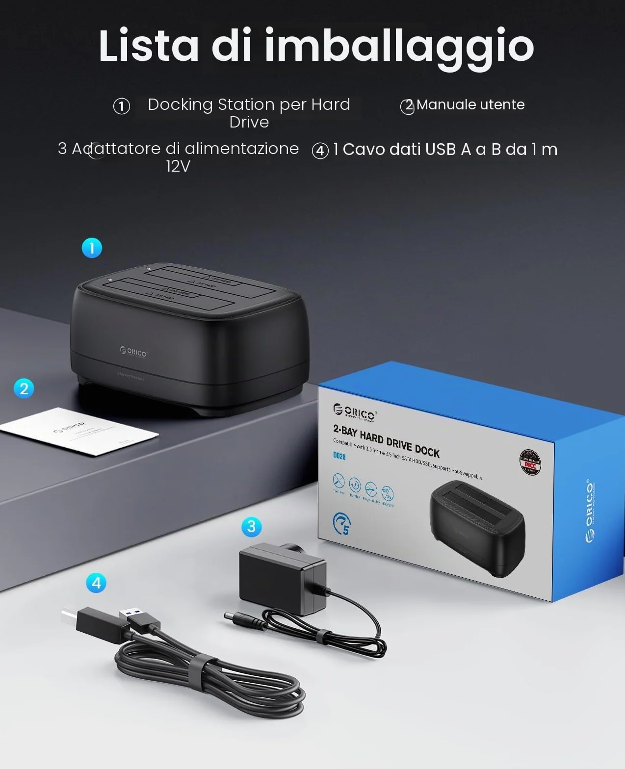 ORICO Hard Disk Docking Station USB 3.0 SATA 2 Slot per HDD/SSD 2.5 e 3.5 pollici Supporto UASP 20TB